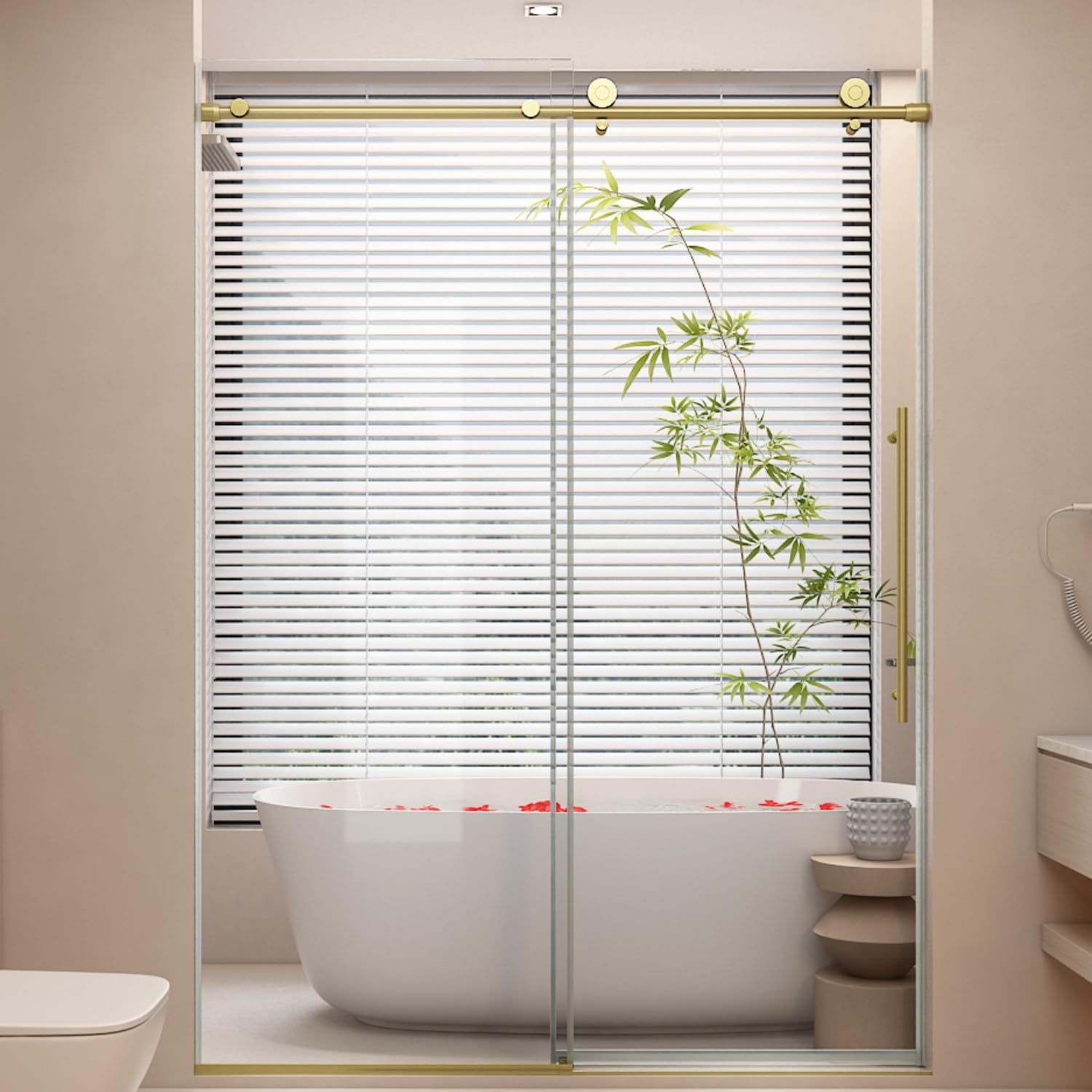 Sunrosa Frameless Shower Door, 48" W x 76" H Sliding Shower Door with Handle,Tempered Glass Shower Door with 8 mm Clear SGCC Tempered Glass, Aluminum Bathroom Shower Door in Brushed Gold