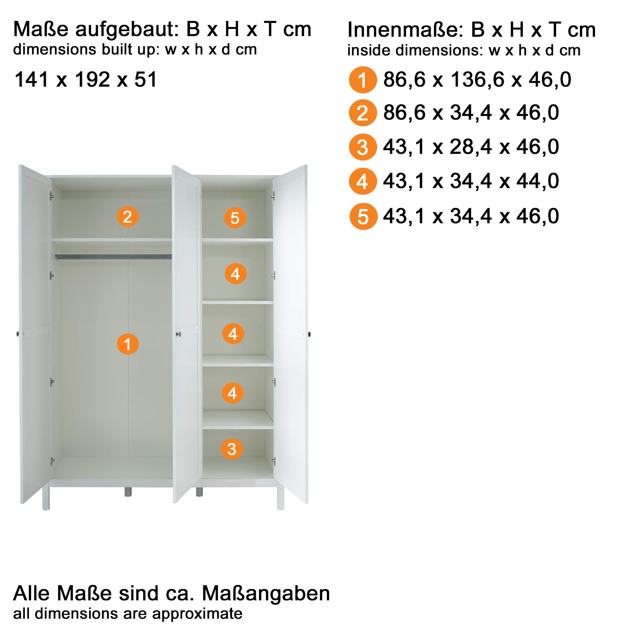 trendteam smart living - Ole - Garderobenschrank - Weiß - Kleiderschrank mit 3 Türen, 3 Einlegeböden - (BxHxT) 141 x 192 x 51 cm - altsilberfarbene Metallgriffe
