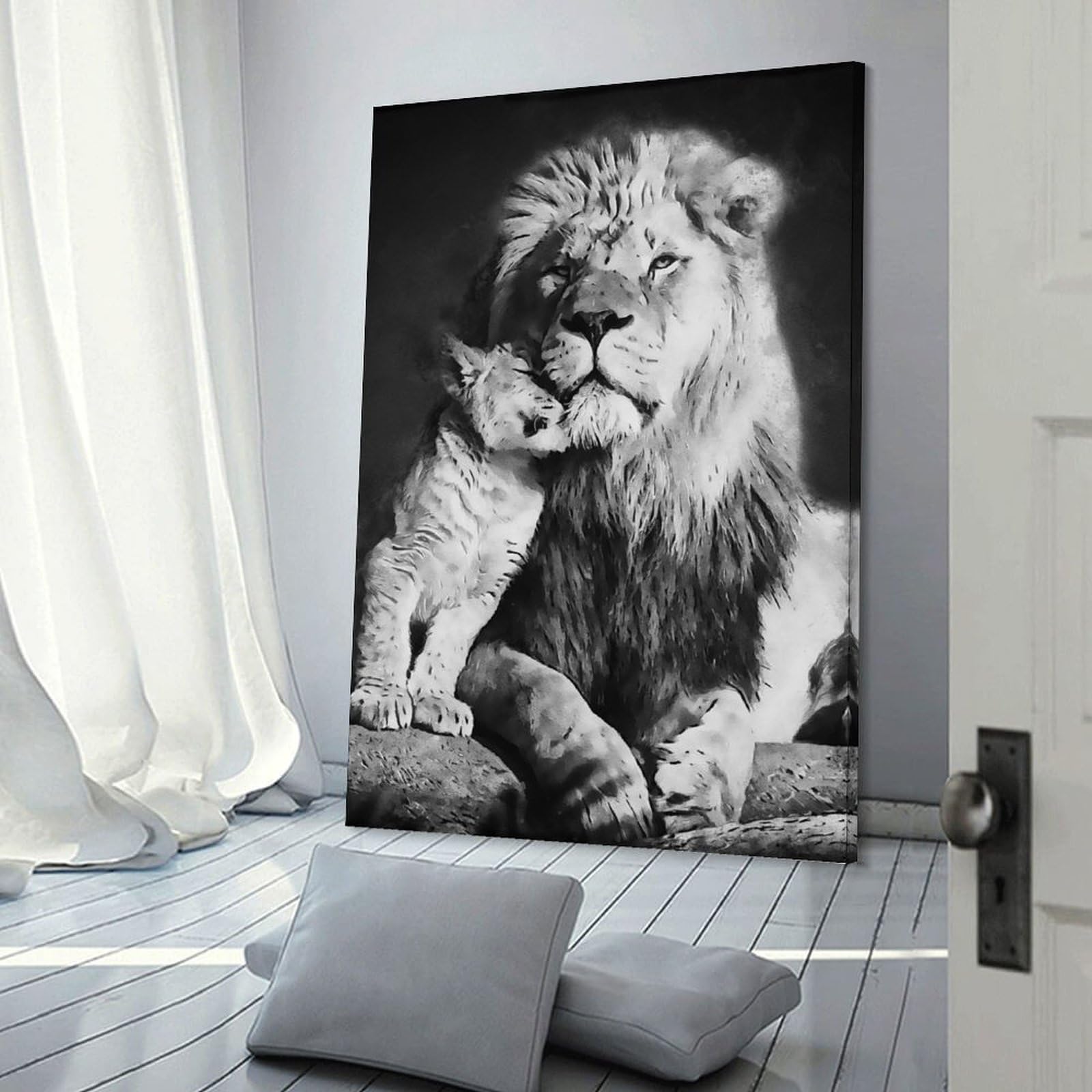 Junmoney Decorative Wall Artwork White Lion Cub with Father, 20x30inch(50x75cm), for Sofa Walls, Lounge Or Home Corners, Modern Wall Decor for Cosy Interiors