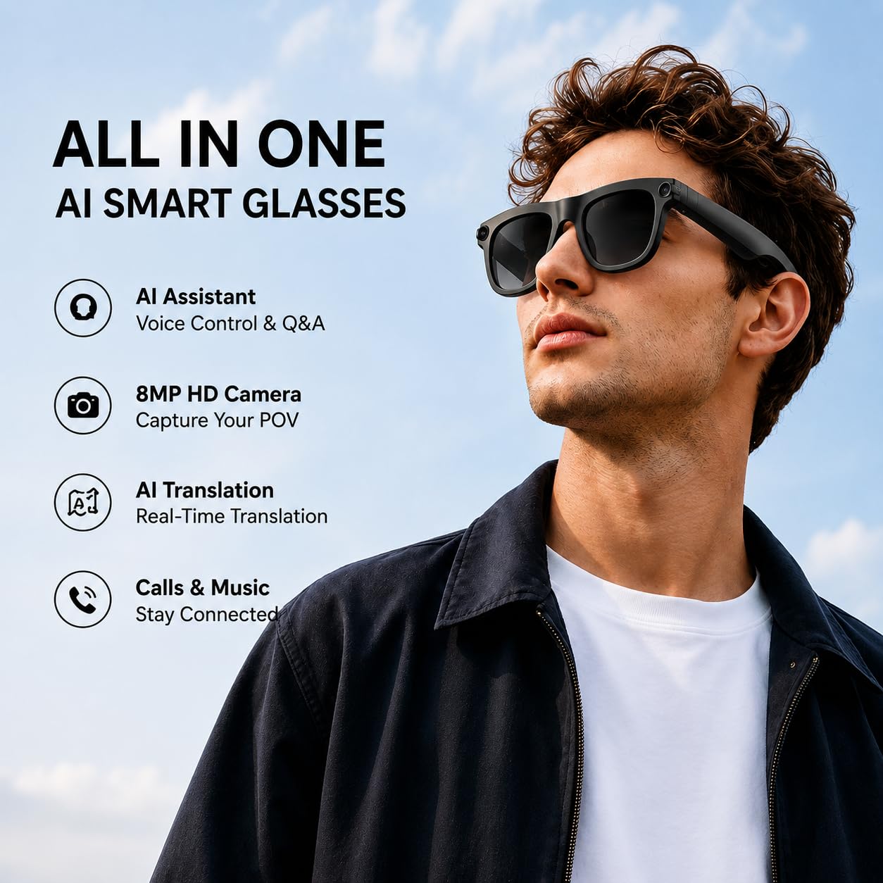 Black and Transparent Occhiali Smart Glasses with WiFi, Bluetooth