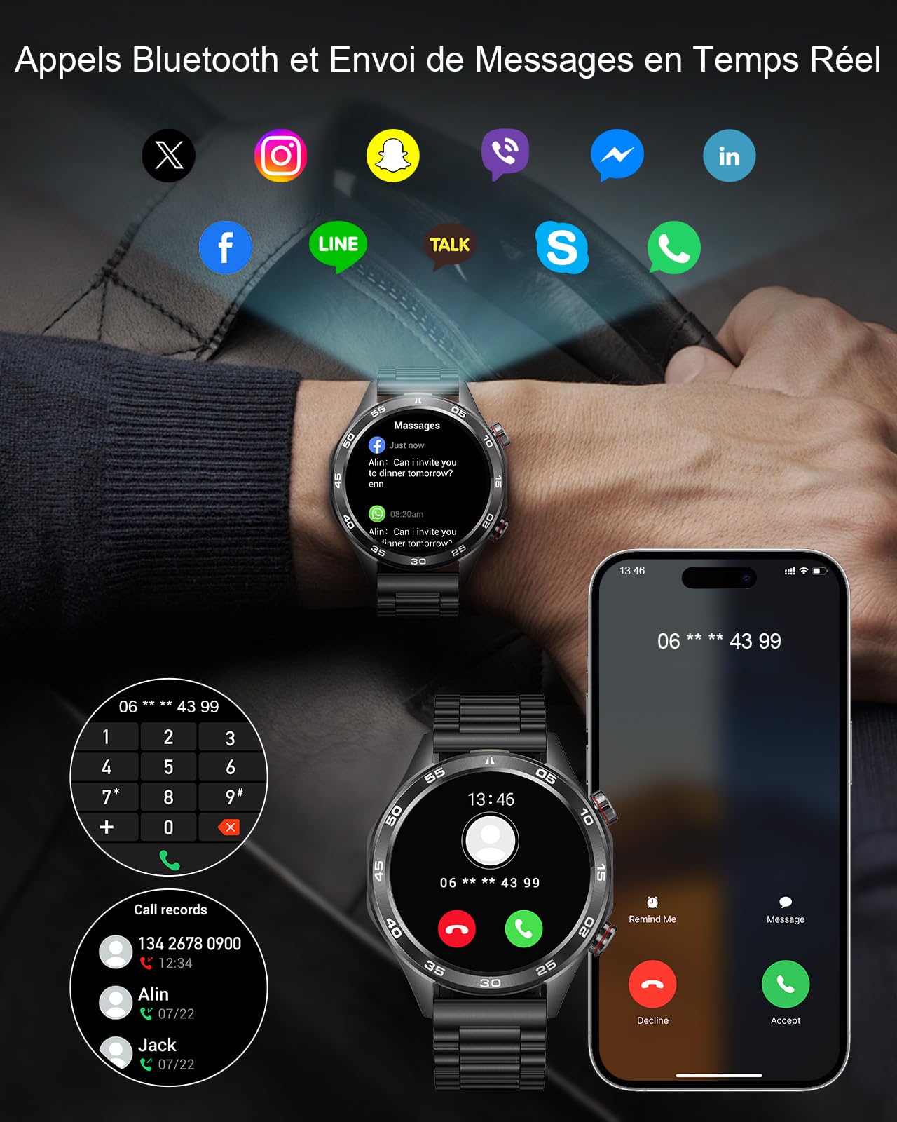 MEGALITH Montre Connectée Homme Sport: Noir Montres Intelligente Etanche Fitness Podometre - Appel Bluetooth Smartwatch Compatible Android iOS
