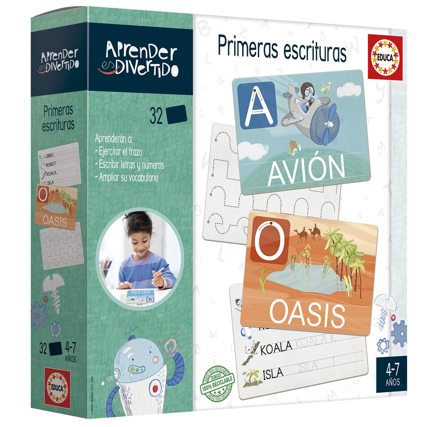 Educa, Aprender es Divertido, Primeras Escrituras, Juego Educativo para niños a Partir de 4 años Donde aprenderán practivando el Trazo escribiendo cenefas, Letras y Palabras, (18700)
