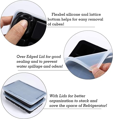 Miniatura 4 de LessMo Bandeja para cubitos de hielo con tapa, 2 unidades, moldes de silicona para cubitos de hielo, fácil liberación, 15 cubitos de hielo cuadrados