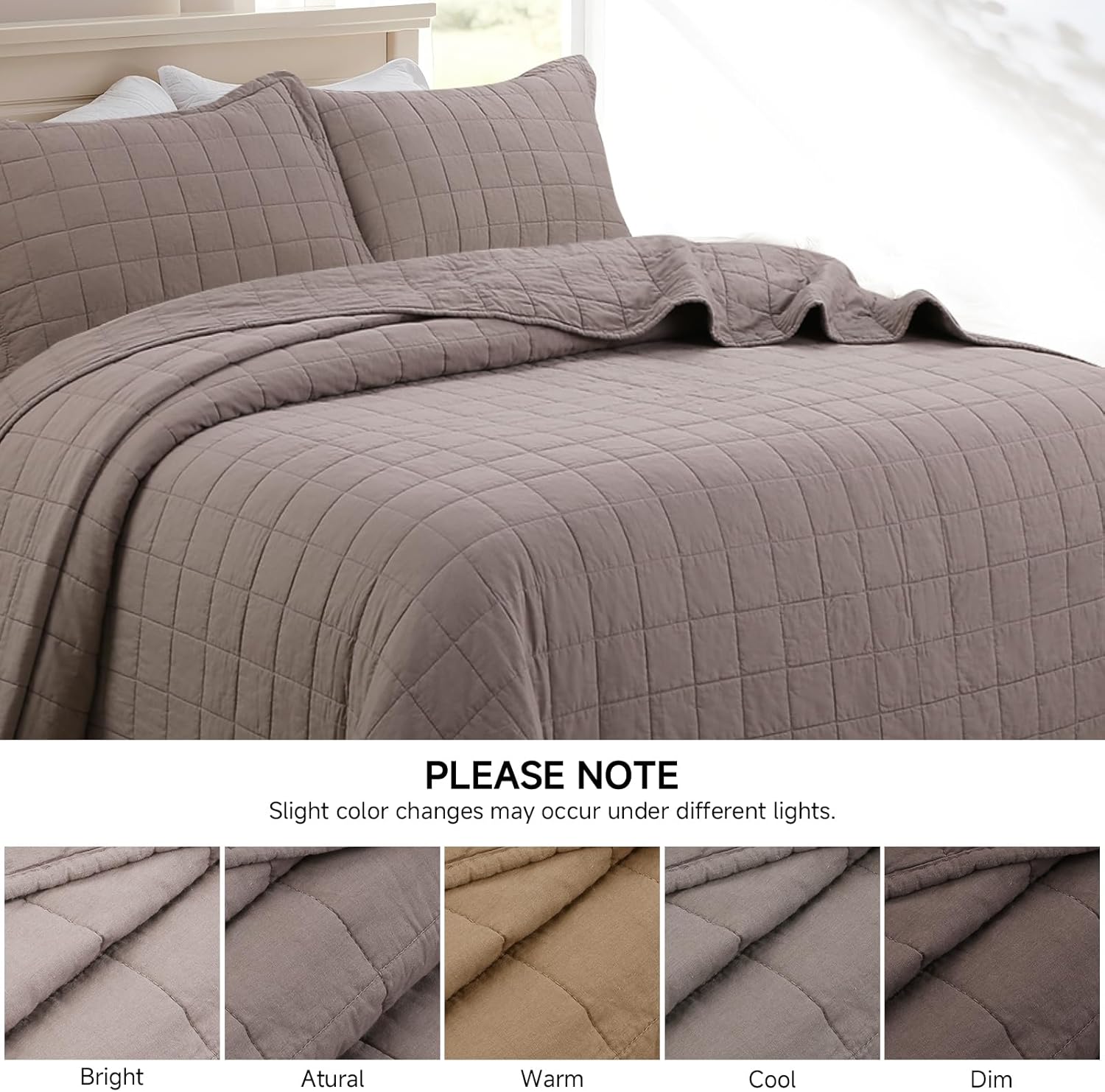 Quilt King Size Bedding Sets - 100% Cotton Lightweight Luxury Comforter Set, Oversized Stitching Quilted Bedspread Coverlet Sets with 2 Pillowcase Suitable for All Season, Brown - Image 3
