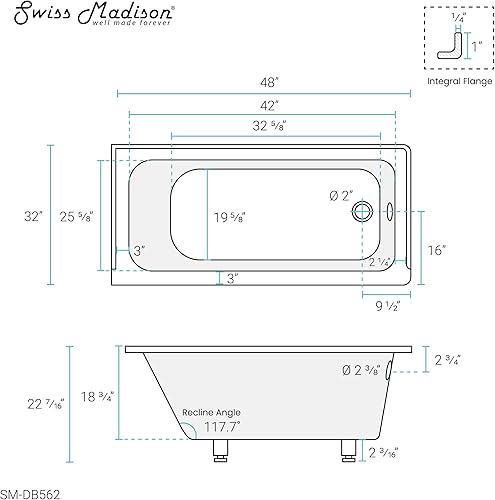 Miniatura 49 de Swiss Madison Well Made Forever SM-DB561 Voltaire - Bañera acrílica de drenaje para zurdos de 48 x 32 pulgadas, 48 x 32 pulgadas, color blanco