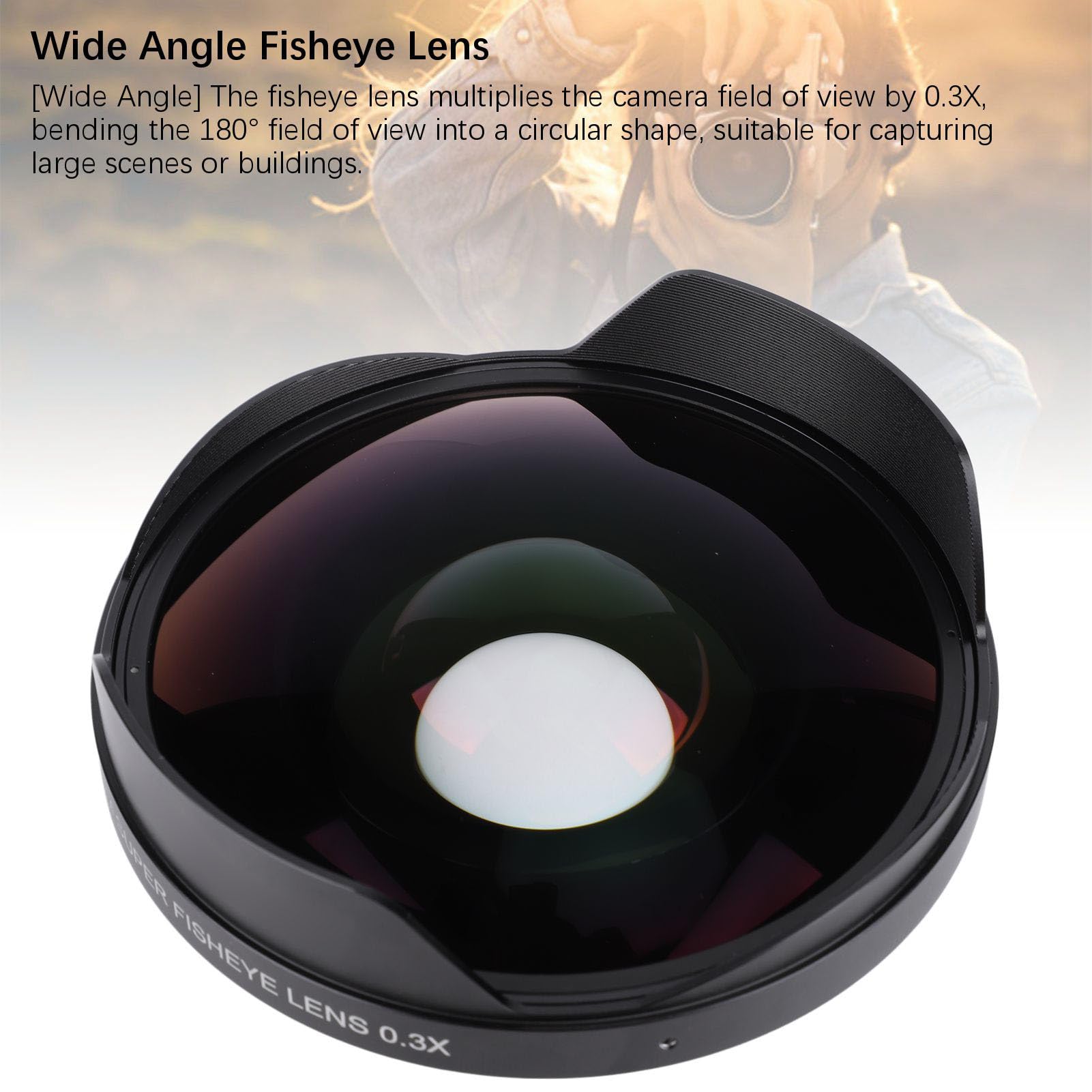 Obiettivo Fisheye 0,3X, Attacco Filettatura da 72 Mm Obiettivo Fisheye Grandangolare con Profondità di Campo Lunga con Paraluce per Videocamera Obiettivo Fotografico