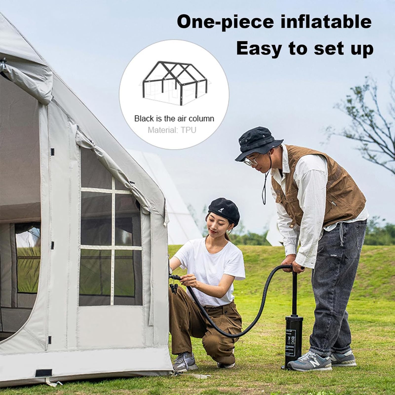 Tente De Camping Gonflable avec Ouverture De Cheminée, Tente Gonflable, Grande Tente Extérieure Imperméables avec Pompe À Air pour 6-8 Personnes, Tente Camping Familiale, Protection UPF 50+