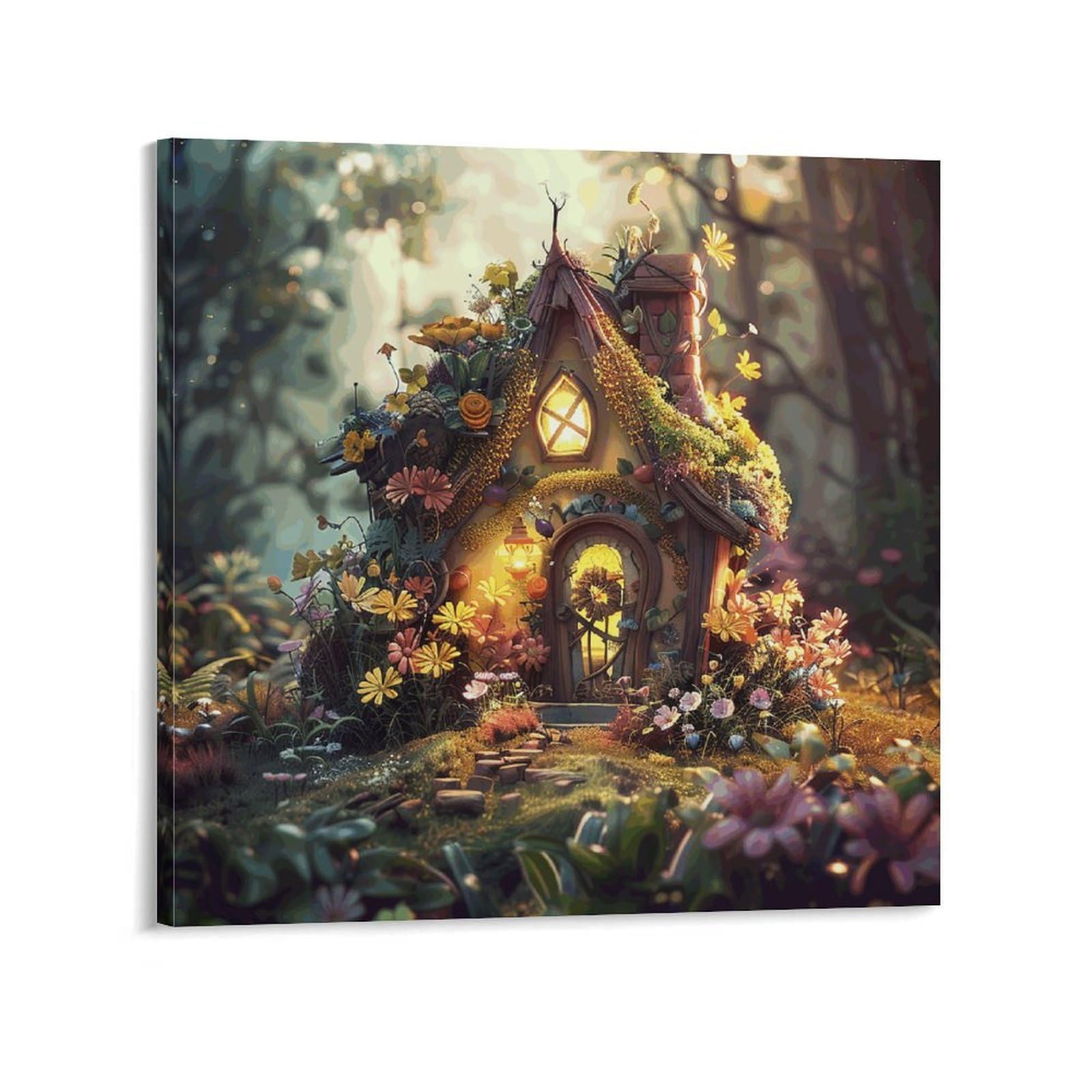 A Small Fairy Tale House Canvas Wall Art for Bedroom 28x28inch(70x70cm) Canvas Prints Artwork for Walls Modern Picture Artwork Painting for Living Room Aesthetic Wall Paintings for Bathroom Kitchen Of