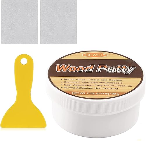 DEWEL Relleno de masilla de madera, relleno de madera a base de agua blanco (7 onzas) para rellenar agujeros, grietas, reparación de arañazos en