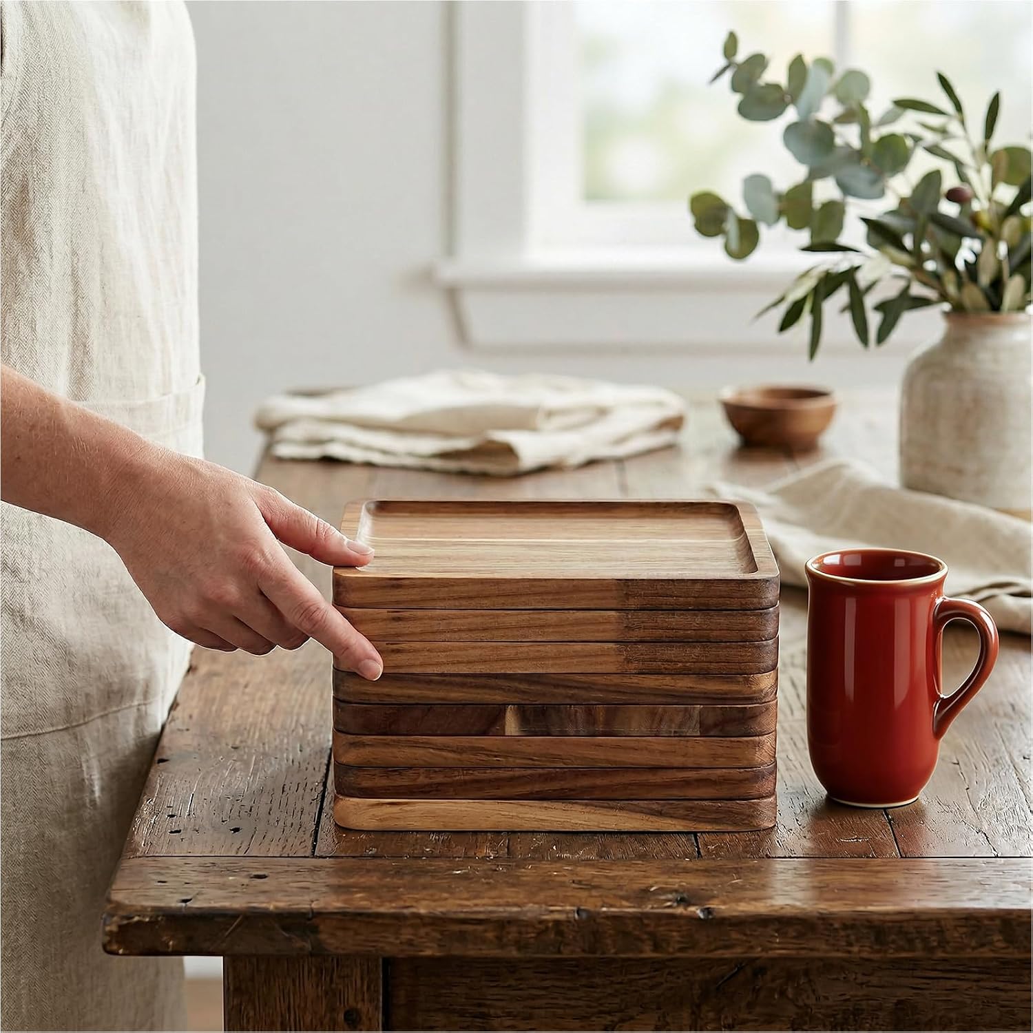 SHEUTSAN Square Wooden Serving Plates, 8 x 8 x 0.6 Inch, Wood Dinner Platter for Appetizer Meal Dishes Snack Dessert, 8 Pack