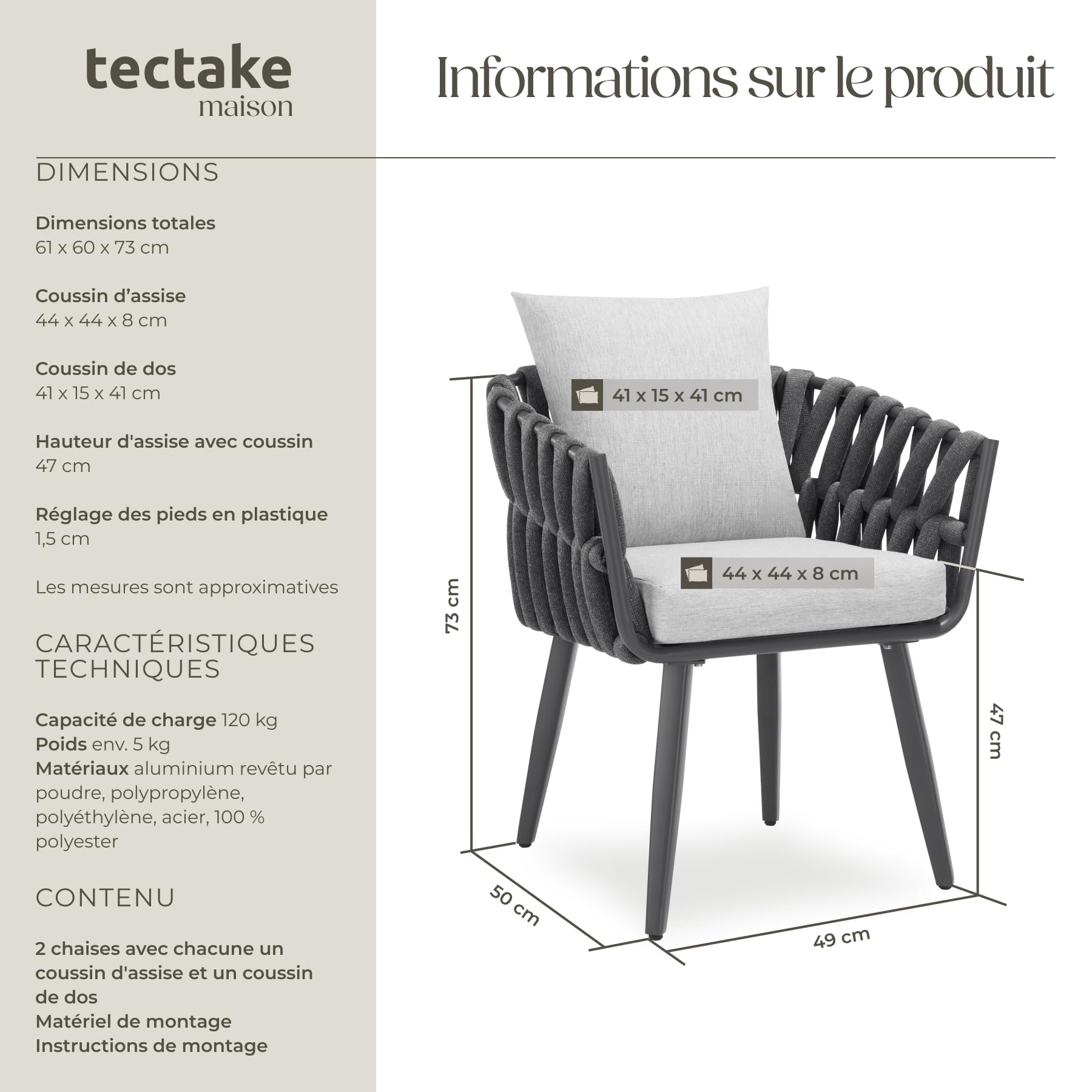 tectake® Lot de 2 Fauteuil Salon de Jardin Chaise de Jardin avec Accoudoirs Salon de Jardin Exterieur/Intérieur en Aluminium INOX, Coussins Inclus Mobilier de Jardin pour Amenagement Balcon Terrasse