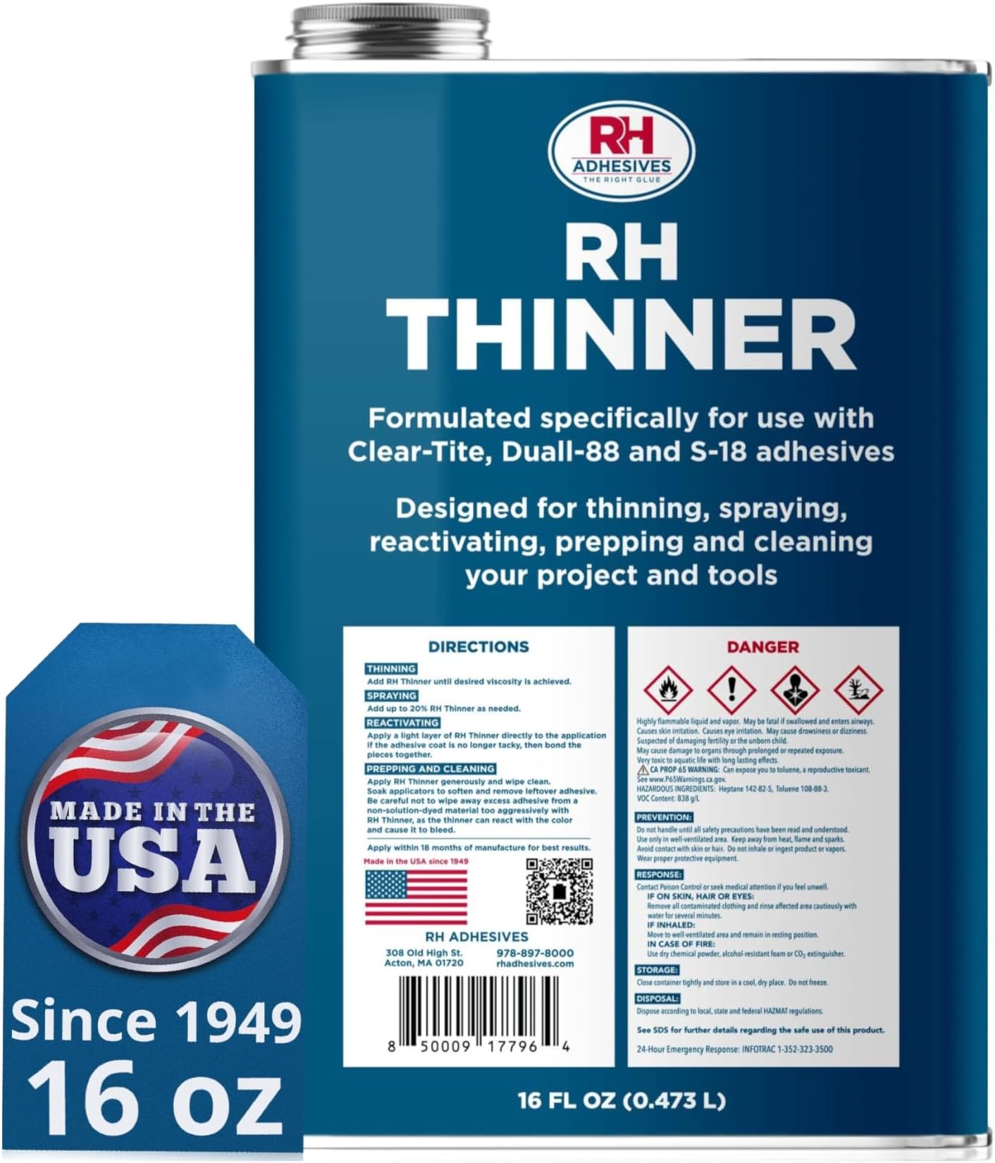 RH Thinner, 16 oz. can - Prepping, Thinning, Reactivating, Cleaning, Multi-Purpose, Compatible with Neoprene Adhesives - RH Adhesives
