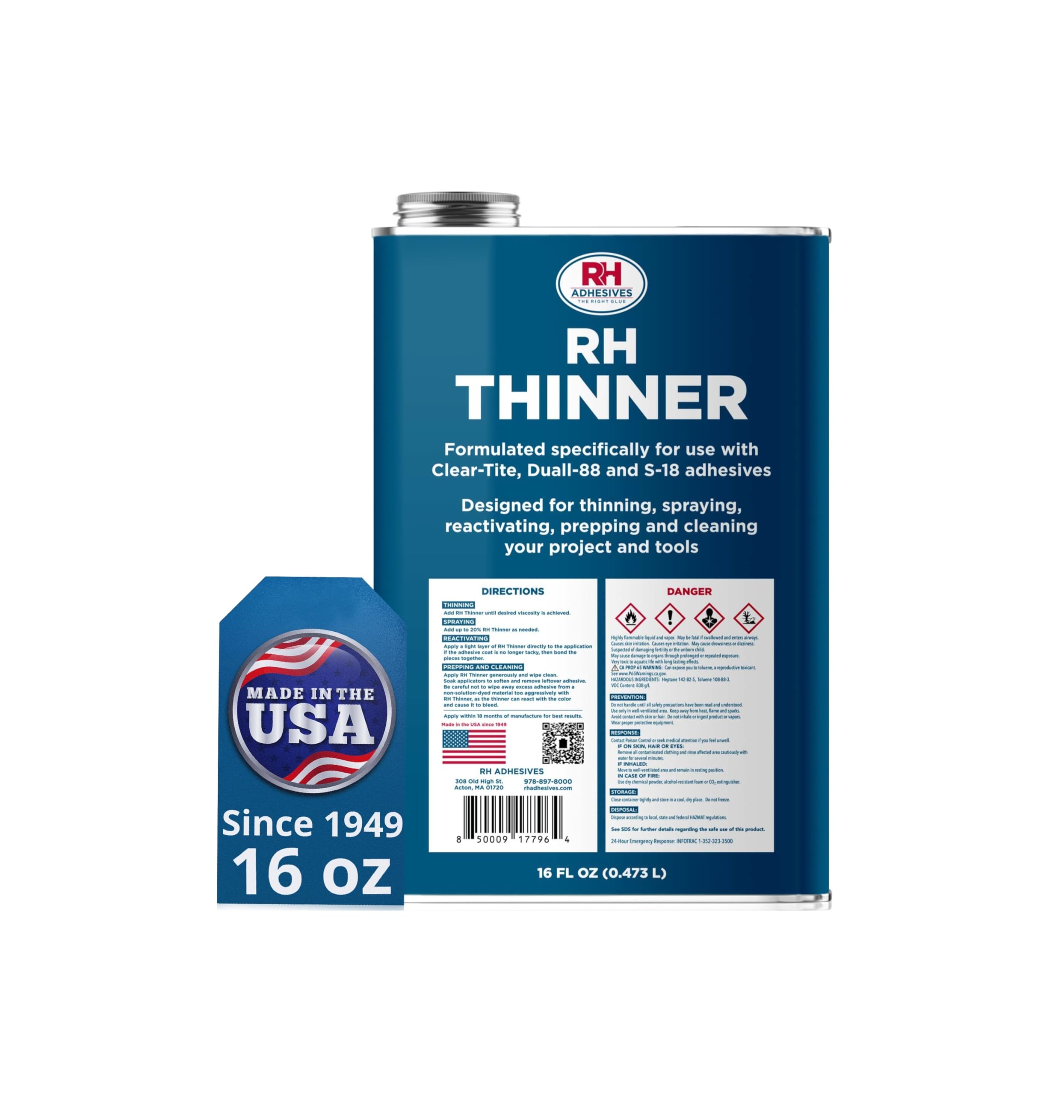 RH Thinner, 16 oz. can - Prepping, Thinning, Reactivating, Cleaning, Multi-Purpose, Compatible with Neoprene Adhesives - RH Adhesives