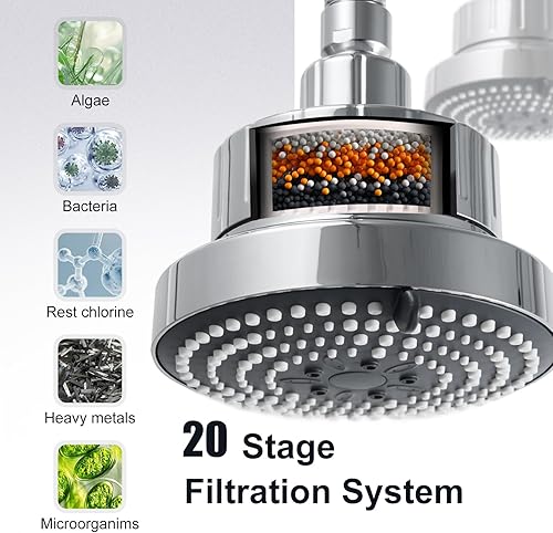 Miniatura 3 de OFFO Cabezal de ducha filtrado, cabezal de ducha de 20 etapas para agua dura, 6 modos de cabezal de ducha de alta presión con filtro para eliminar