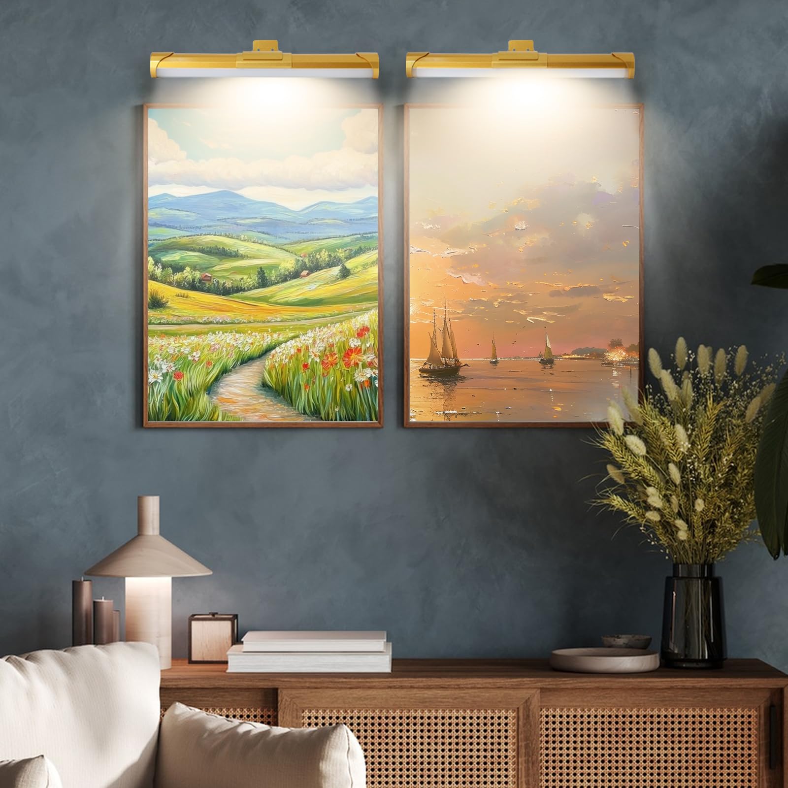 Kabellose Bilderleuchte, 2er-Pack magnetische LED-Kunstdisplayleuchte mit Timerfunktion, Fernbedienung und Touch-Steuerung, stufenlos dimmbares Licht für Wandbilder, Badezimmerspiegel (Gold)