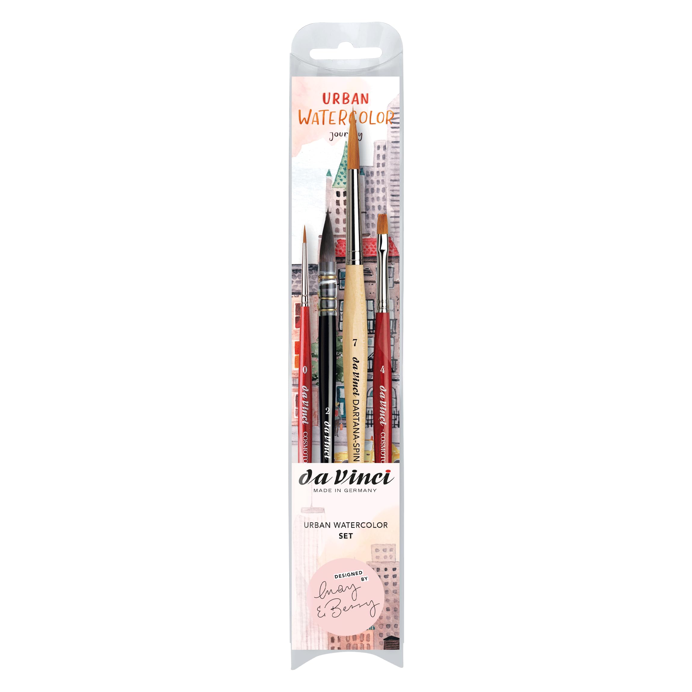 da Vinci, SIGNATURE URBAN WATERCOLOR JOURNEY, Set, May & Berry, Pennelli per acquerello di alta qualità, Per carta, pittura su seta e sfumature, Made in Germany, Misura 7, 2, 0 e 4