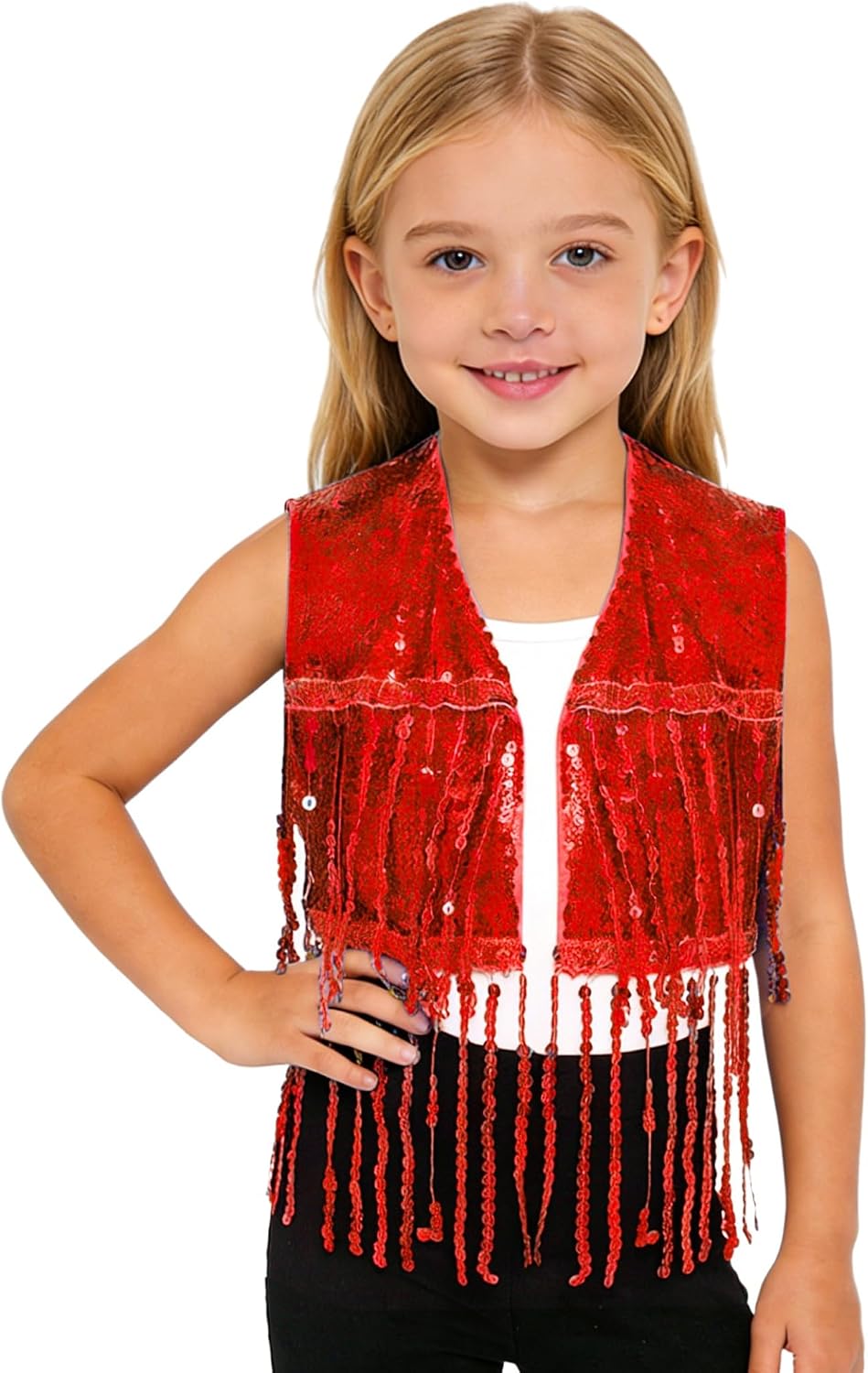Kids Girls Tassel Sequin Cowgirl Vest Sleeveless Top Open Front Fringe Jacket Shiny Party Concert Outfit