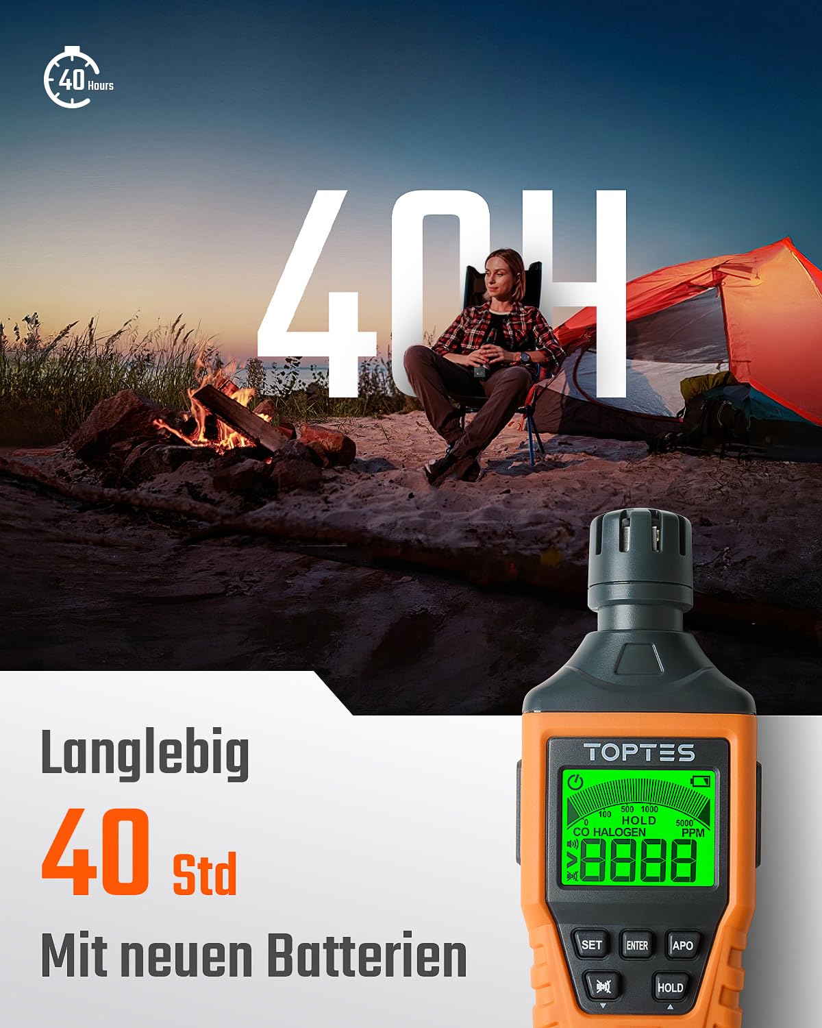 TopTes CT-300 Tragbarer CO-Detektor, CO-Detektor mit akustischem und optischem Alarm, 0-5000PPM, hintergrundbeleuchtetes Display, für Haus, Auto, Camping & Reisen (inkl. Batterie x3) - Orange