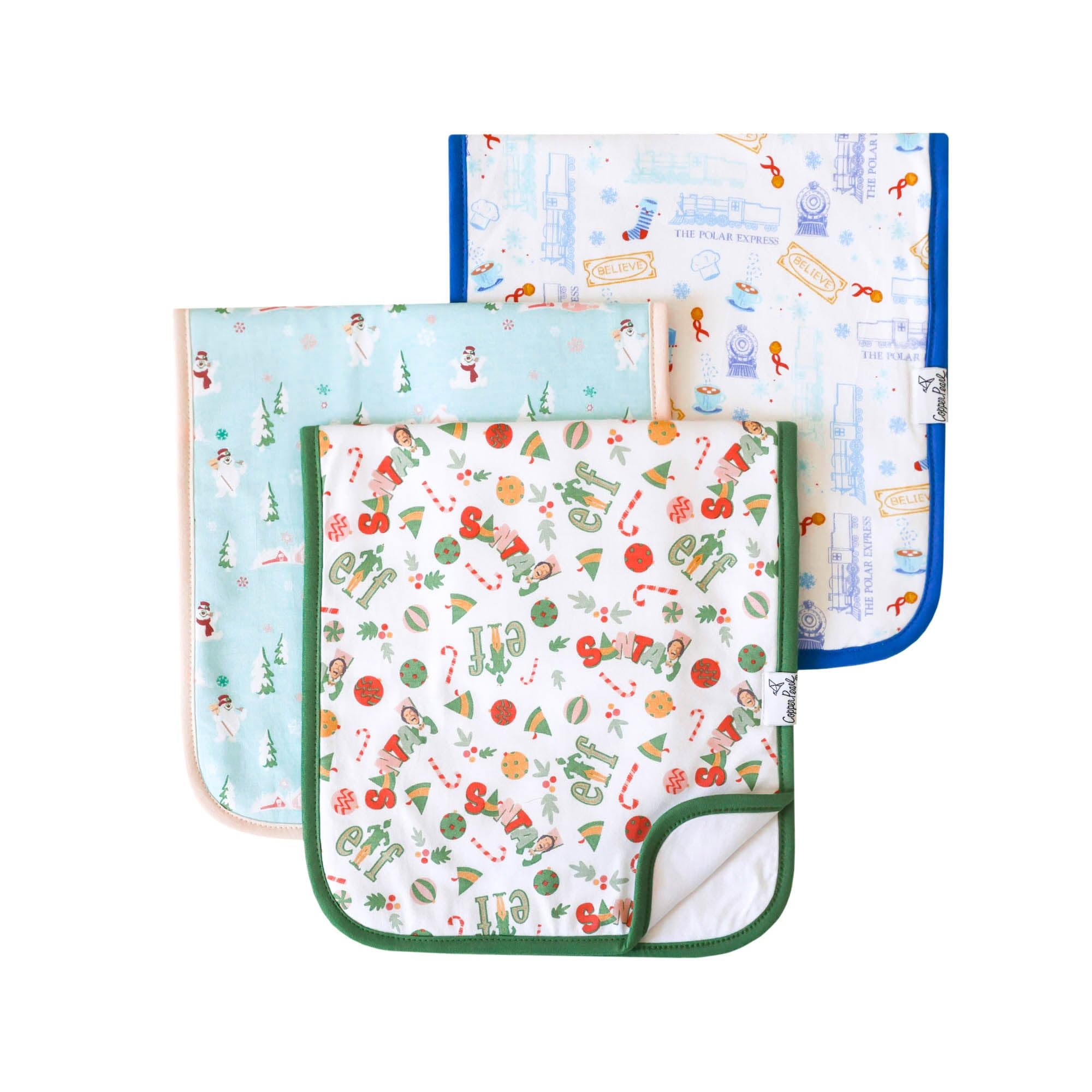 Copper Pearl Premium Baby Burp Cloths - 3-Pack Large Cotton Burp Cloths, Perfect for Baby Boy and Baby Girl Gifts (21" x 10" Size, Christmas Classics