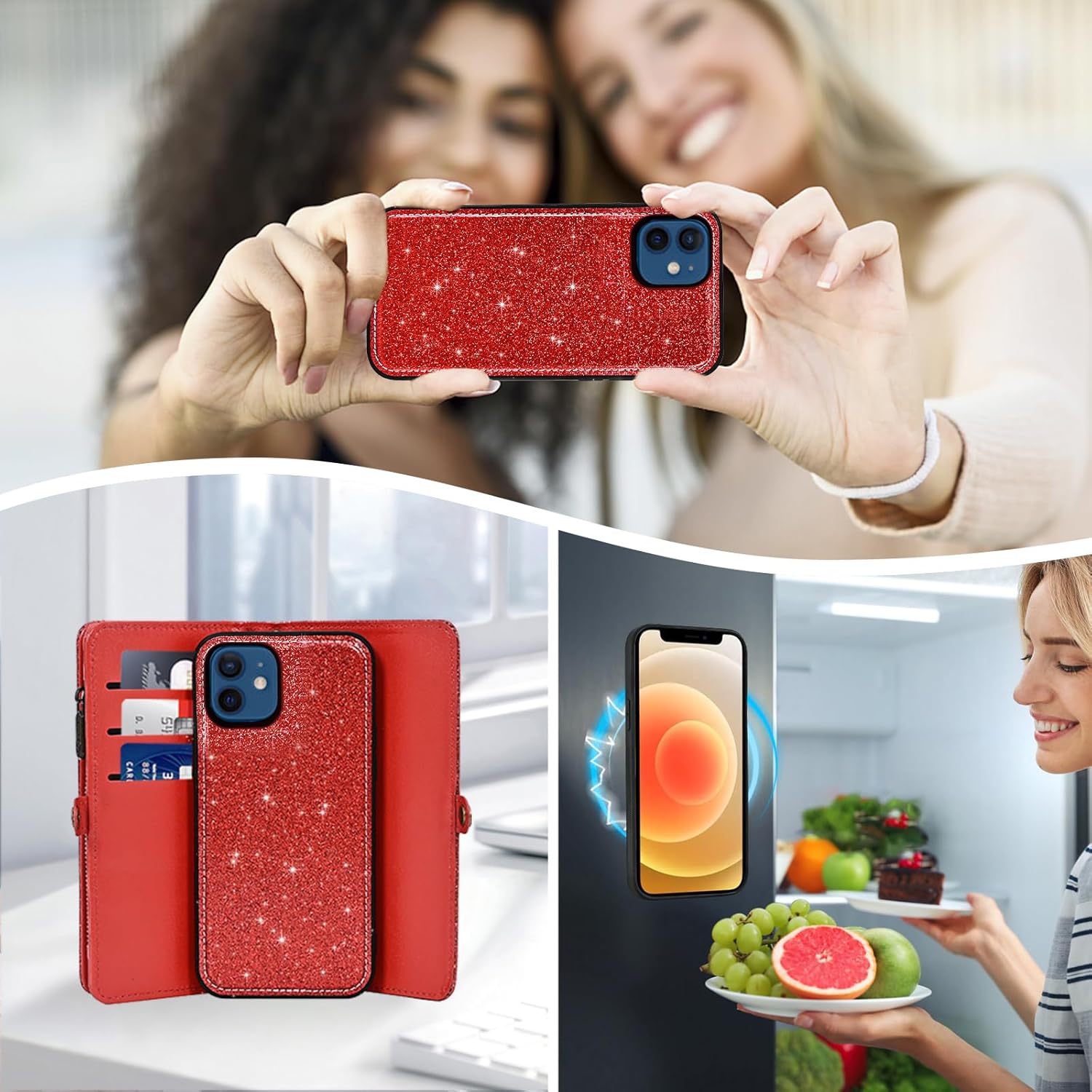 Asuwish Phone Case for iPhone 12 Mini 5.4 Zipper Wallet Detachable Cell Cover with Tempered Glass Screen Protector Lanyard Wrist Strap Flip Card Holder iPhone12mini 5G i 12s iPhone12 12mini Women Red