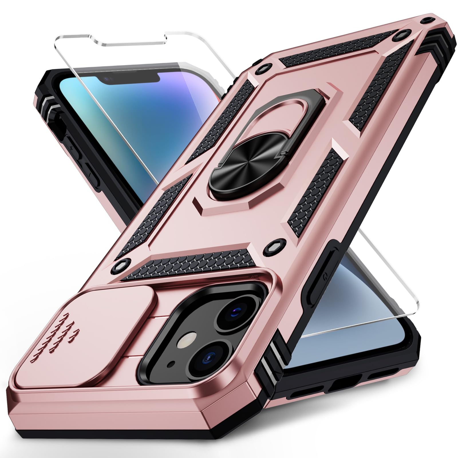 for iPhone 12 / iPhone 12 Pro Case with Slide Camera Cover HD Screen Protector Heavy Duty Military Grade Shockproof Magnetic Ring Holder Kickstand