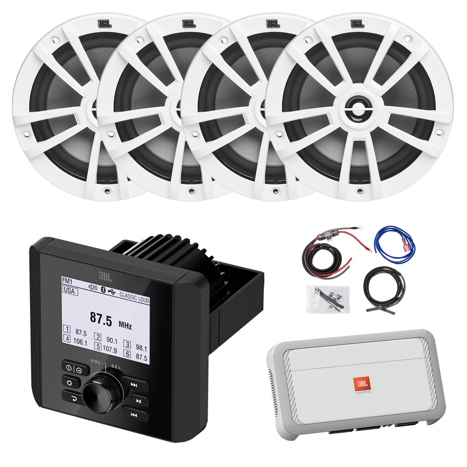 Marine Bluetooth AM/FM Radio Digital Media Receiver, 4X 6.5 180 Watt Max Power 2-Way Boat Audio White Speakers, 4-Channel Amplifier w/Wiring Kit