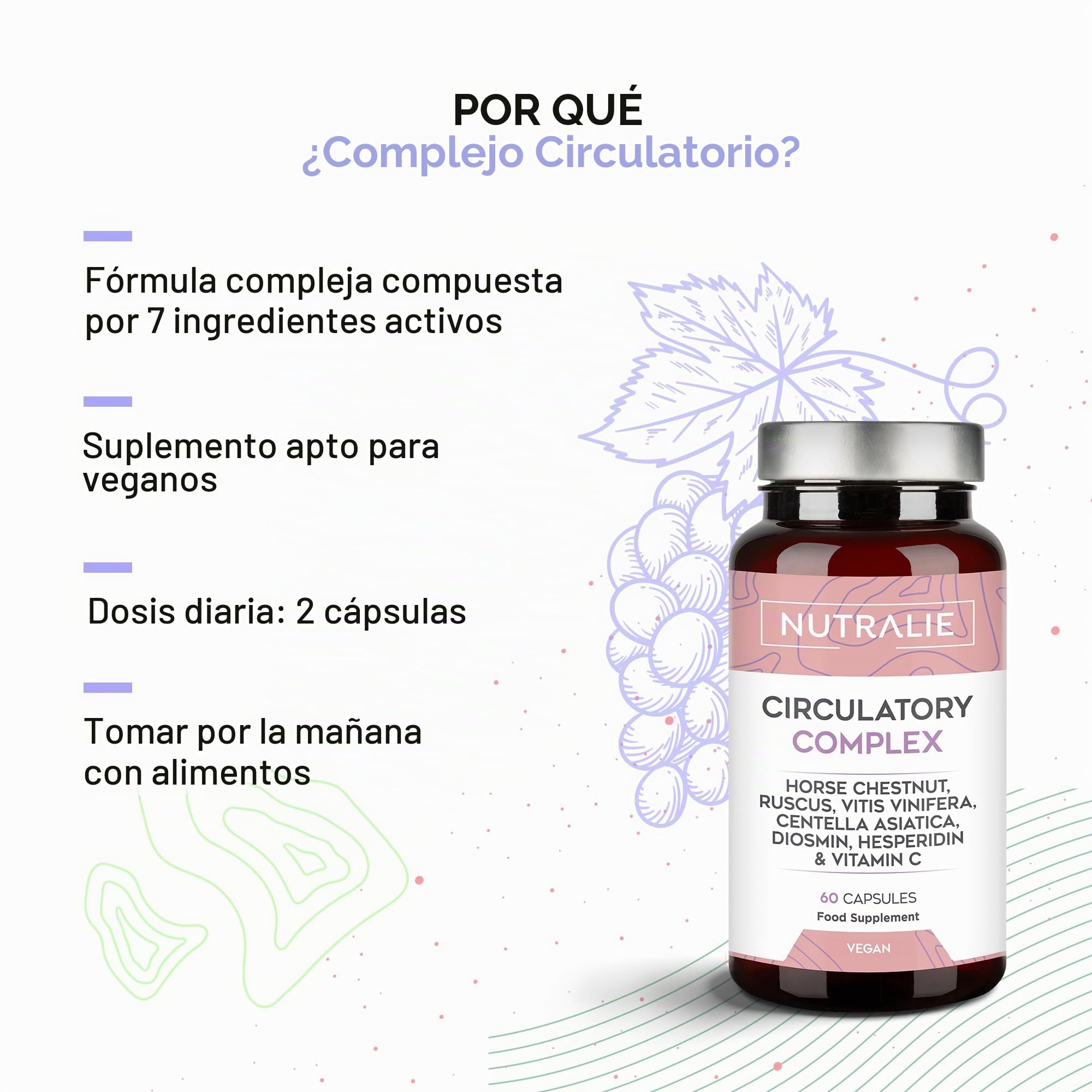 Circulación Complex 1330mg - Diosmina Hesperidina Vid Roja - Circulación Piernas Pesadas - Castaño Indias Centella Asiática Rusco Vitamina C - 60 Cápsulas Nutralie (Paquete de 2)
