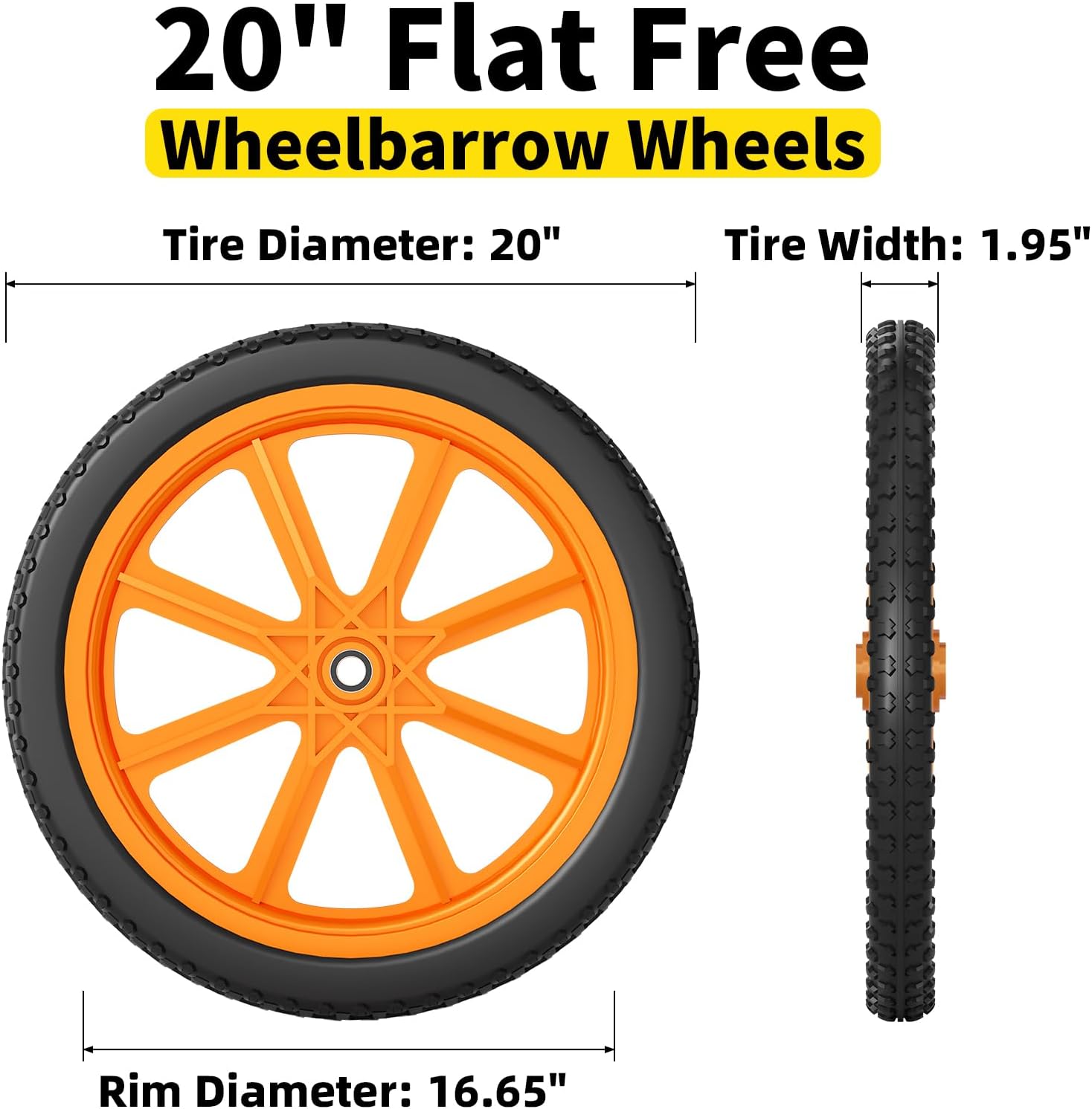 20 Inch Flat Free Wheelbarrow Wheels Compatible with rubbermaid Wheelbarrows Cart Tires, 5/8" Bearings and 3/4" Bearings, Replacement Wheelbarrow Wheels Garden Yard Carts, 400Lbs, 2Pack Orange