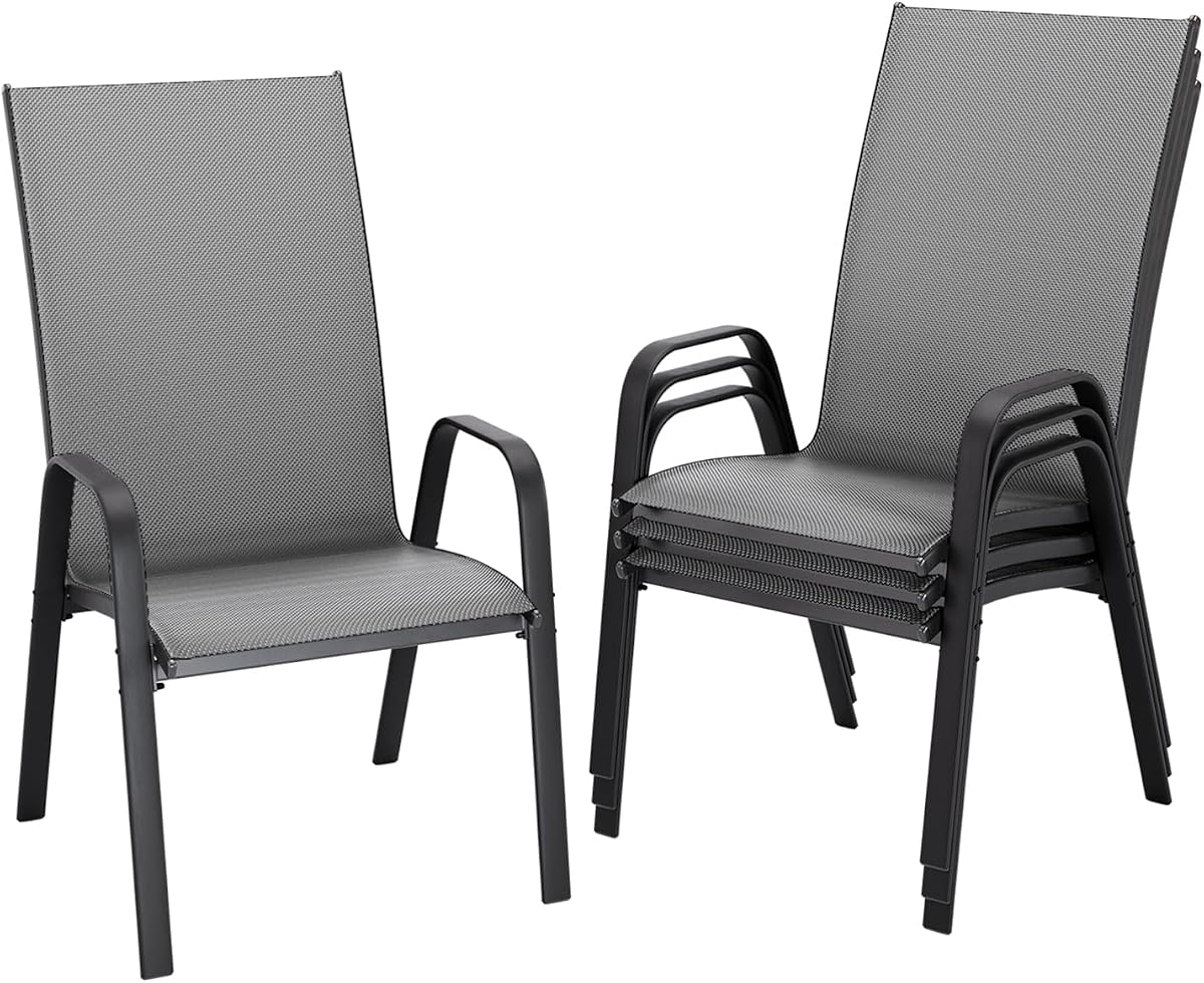 JEAREY Juego de 4 sillas de comedor para patio, sillas apilables para exteriores, gris oscuro | Requiere ensamblaje, estructura de acero de textileno transpirable, asiento apilable con respaldo alto y ancho para césped, jardín, terraza y piscina