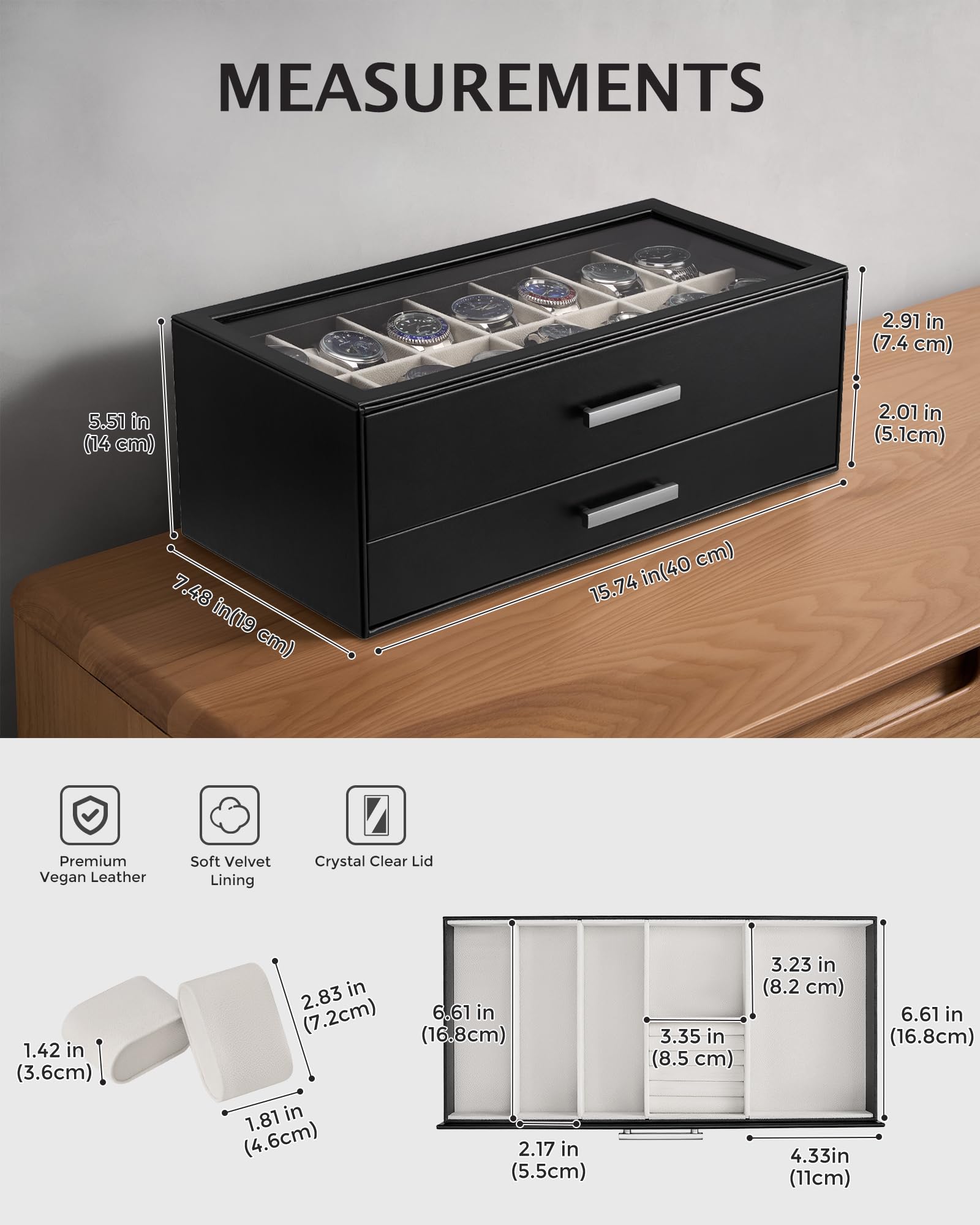 ProCase Coffret Montres 14 Emplacements avec Tiroirs Coulissants Superposés, Boîte à Montres avec Couvercle Transparent, Rangement Élégant pour Montres et Accessoires -Noir