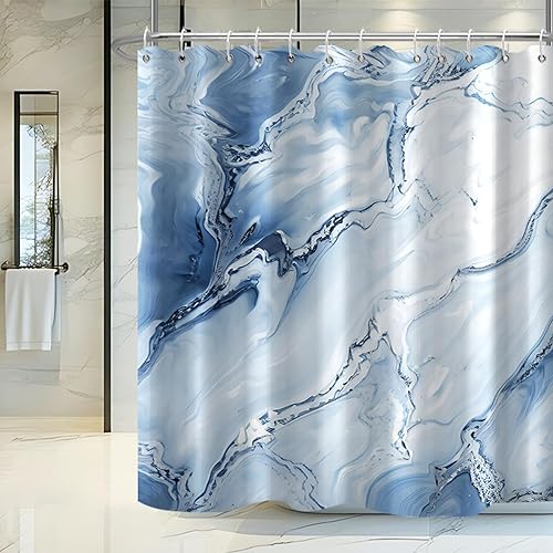 Miniatura 7 de Cortina de ducha de mármol azul claro, cortina de ducha de tela impermeable con ganchos, decoración de baño, 72 x 72 pulgadas