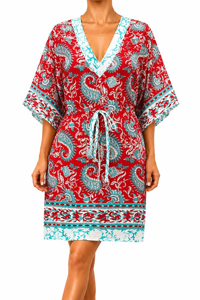 100% Cotton Hand Block Print Swimsuit Cover-up Beach Caftan Women's Print Kaftan 2, multicolor, FREE-image-10