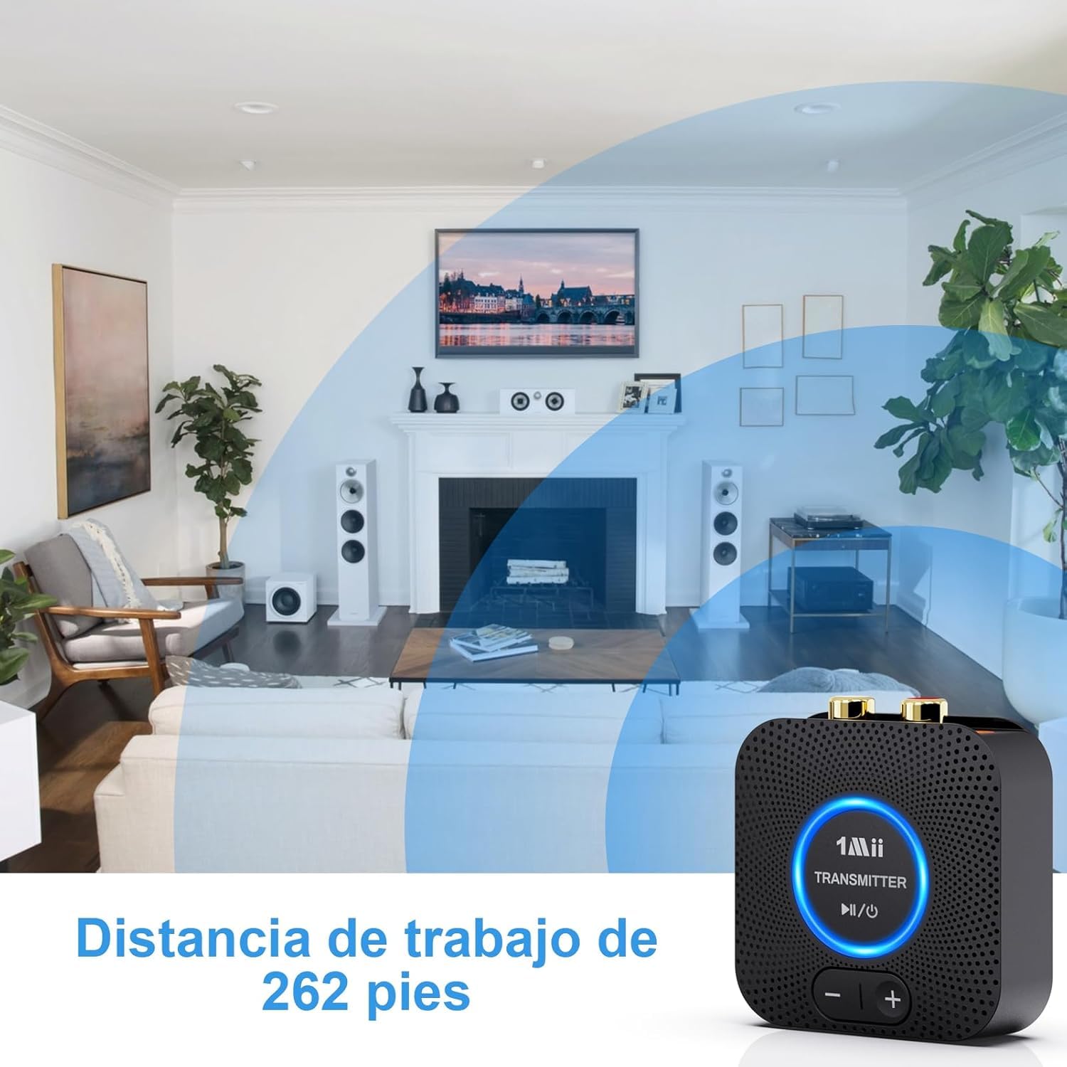 1Mii 2.4GHz (1 TX + 1 RX) Transmisor Receptor de Audio Inalámbrico para TV, Alcance de 80m, Baja Latencia de 25ms, Entrada/Salida RCA AUX de 3.5mm, Adaptador de Audio Inalámbrico para TV, PC, Altavoz