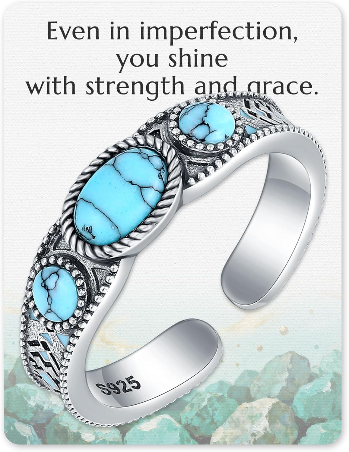 Sterling-Silver Vintage Turquoise Ring for Women – Adjustable Boho Western Jewelry Gifts for Mom on Birthday Christmas 8#