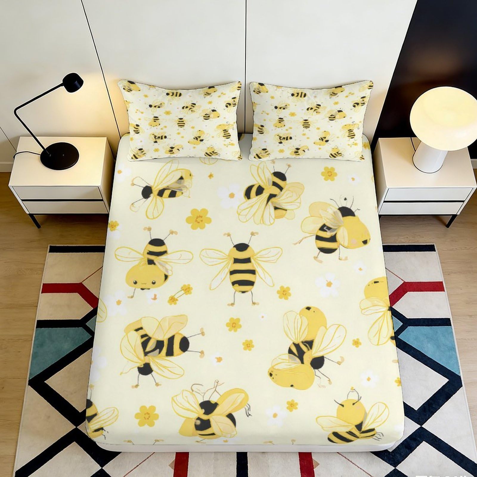 Jqzkxnhpbr Style-10 3D Printed Cute Bee Fitted Sheet Microfiber Soft Yellow Honeycomb Mattress Cover Bedroom Decor Protector 90X200x25cm