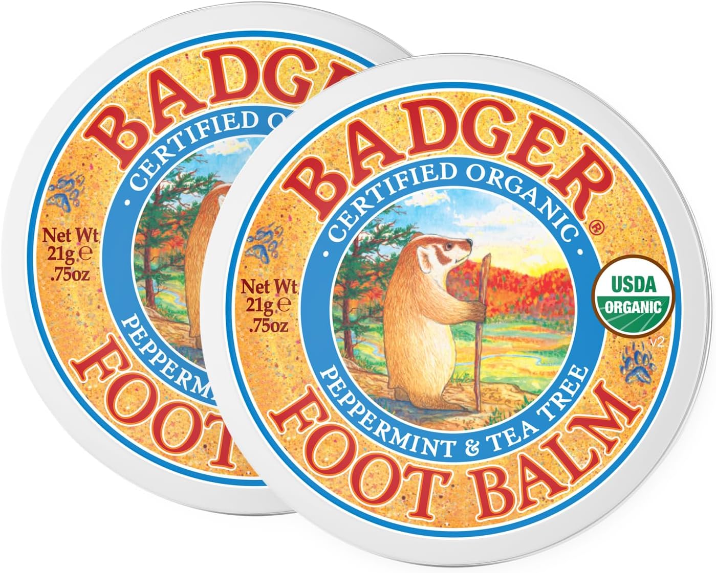Badger Foot Balm, 100% Organic Foot Cream for Dry Cracked Heels and Feet, Fast Acting Foot Care for Women & Men, All-Natural Cracked Heel Treatment, .75 oz Tin, 2-Pack