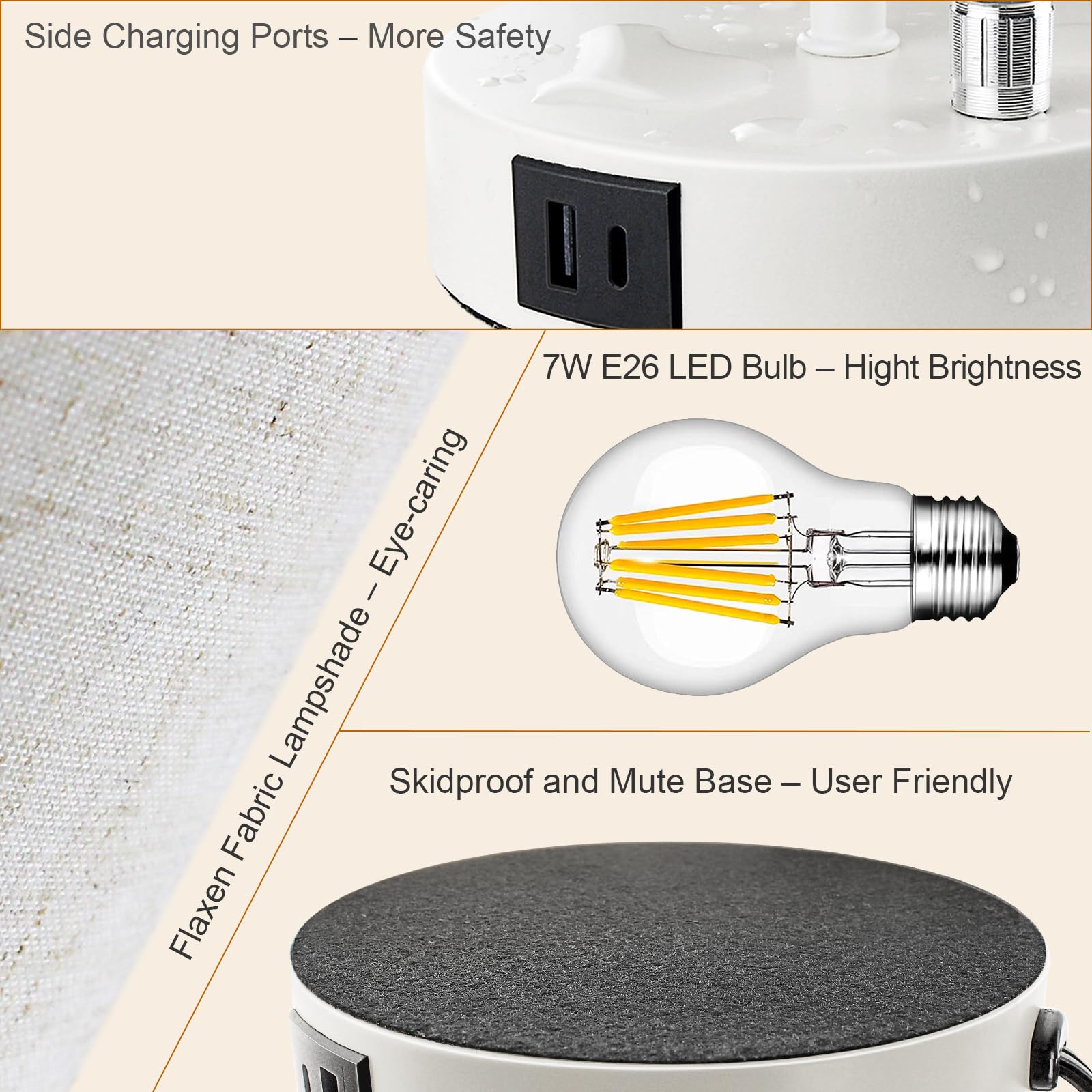 LTBLIGHT Nachttischlampe mit USB-Anschluss und AC-Steckdose, 3-fach dimmbar, Nachttisch-Schreibtischlampe, kleine Lampe, weißer Sockel, runder Flachsstoffschirm für Wohnzimmer, Schreibtisch (7 W, 800