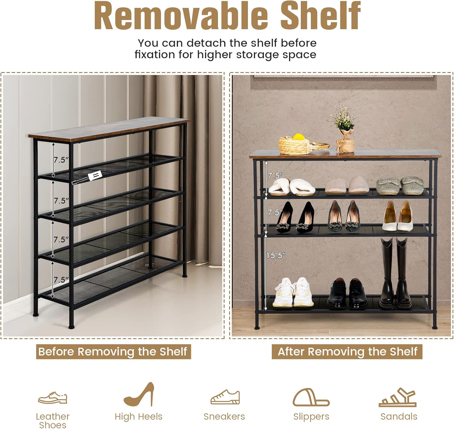 Giantex 5-Tier Shoe Rack, Industrial Adjustable Metal Shoe Storage Organizer w/ 4 Metal Mesh Shelves for 16-20 Pairs, Adjustable Feet, Heavy Duty Steel Frame, for Entryway, Hallway, Dorm, Rustic Brown