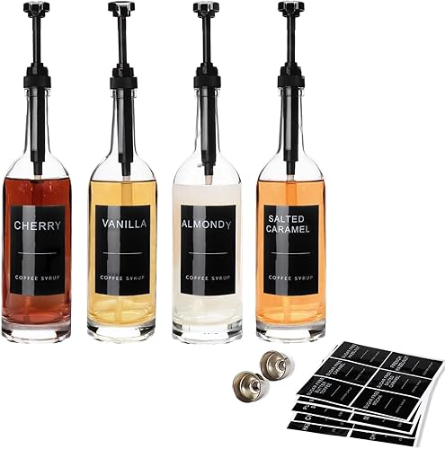 MSTCMZP Juego de 4 dispensadores de jarabe de café de 25.4 oz de 25.4 fl oz, 4 dispensadores de jarabe de café con bomba y etiquetas, botella de
