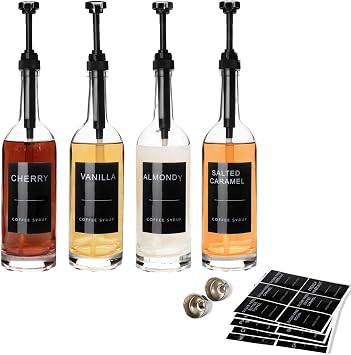 25.4 oz 750 ml Coffee Syrup Dispenser Set - 4 for Coffee Bar Coffee Syrup Pump Dispenser With Pump & Lables Glass Syrup Bottle Included - Coffee Bar Accessories 4 Black