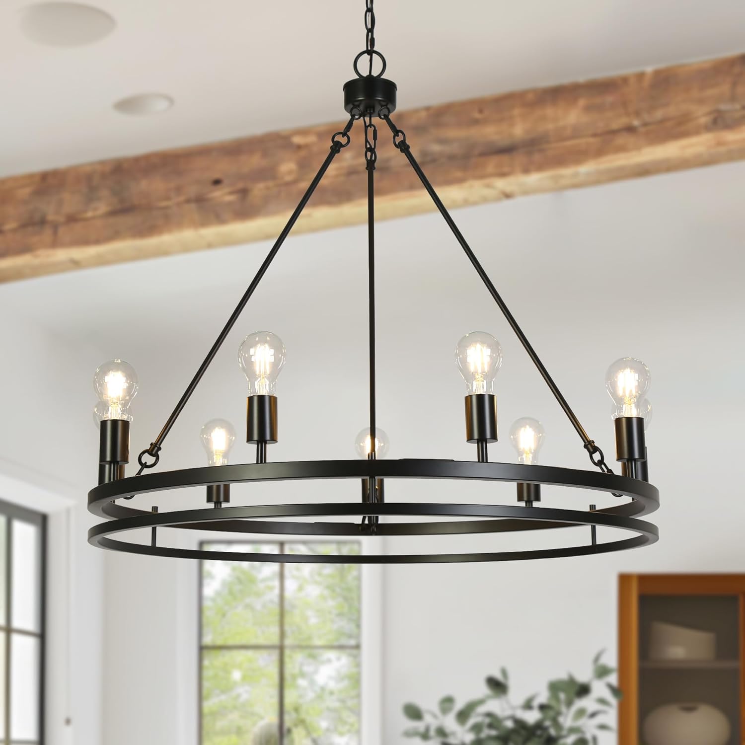 KSANA Wagon Wheel Chandelier, 9 Light 32" Large Black Farmhouse Modern Round Chandeliers Hanging Light Fixture for Dining Room Foyer Living Room High Ceilings