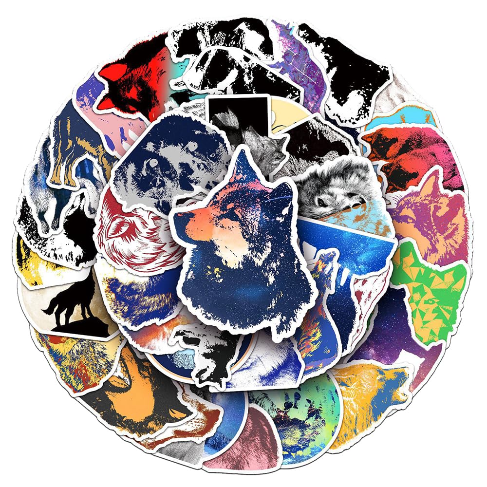 Modern Wolf Vinyl Stickers, 50 PCS Waterproof Illustrated Animal Decals for Laptops Scrapbooking, Journals, Notebooks