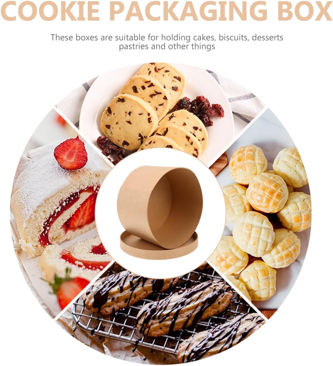 Round Kraft Paper Cookie Box 7.48 Inch with Lid Set of 2 for Cake Cupcake Pastry Storage and Gift Packaging