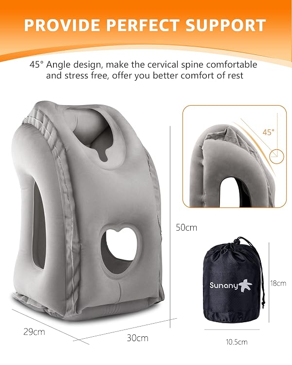 Sunany Travel Pillow, Inflatable Neck Pillow Used for Airplanes/Cars/Buses/Trains/Office Napping with Eye Mask/Earplugs (Gray) by Sunany - Image 5