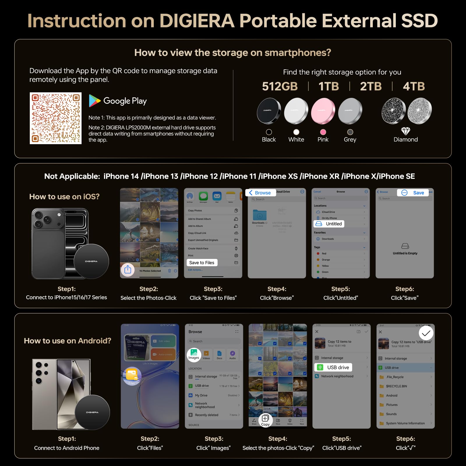 DIGIERA 1TB Magnetische Tragbare SSD, Externe Festplatte Mit USB-C 3.2 Gen 2x2, Geschwindigkeit Bis Zu 2000 MB/S, Kompatibel Mit iPhone 15/16 Series,PC/Laptop, und Anderen USB-C-Geräten,Schwarz