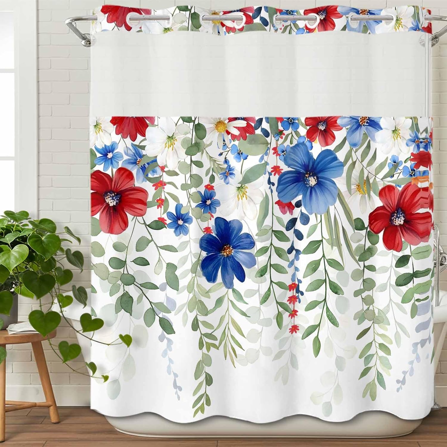 No Hook Shower Curtain and Snap in Liner Set, Red Blue Flowers 4th of July Fabric Bathroom Shower Curtains 66x72 Inch, See Through Mesh Top Window, Independence Day Botanical Hotel Style, Washable