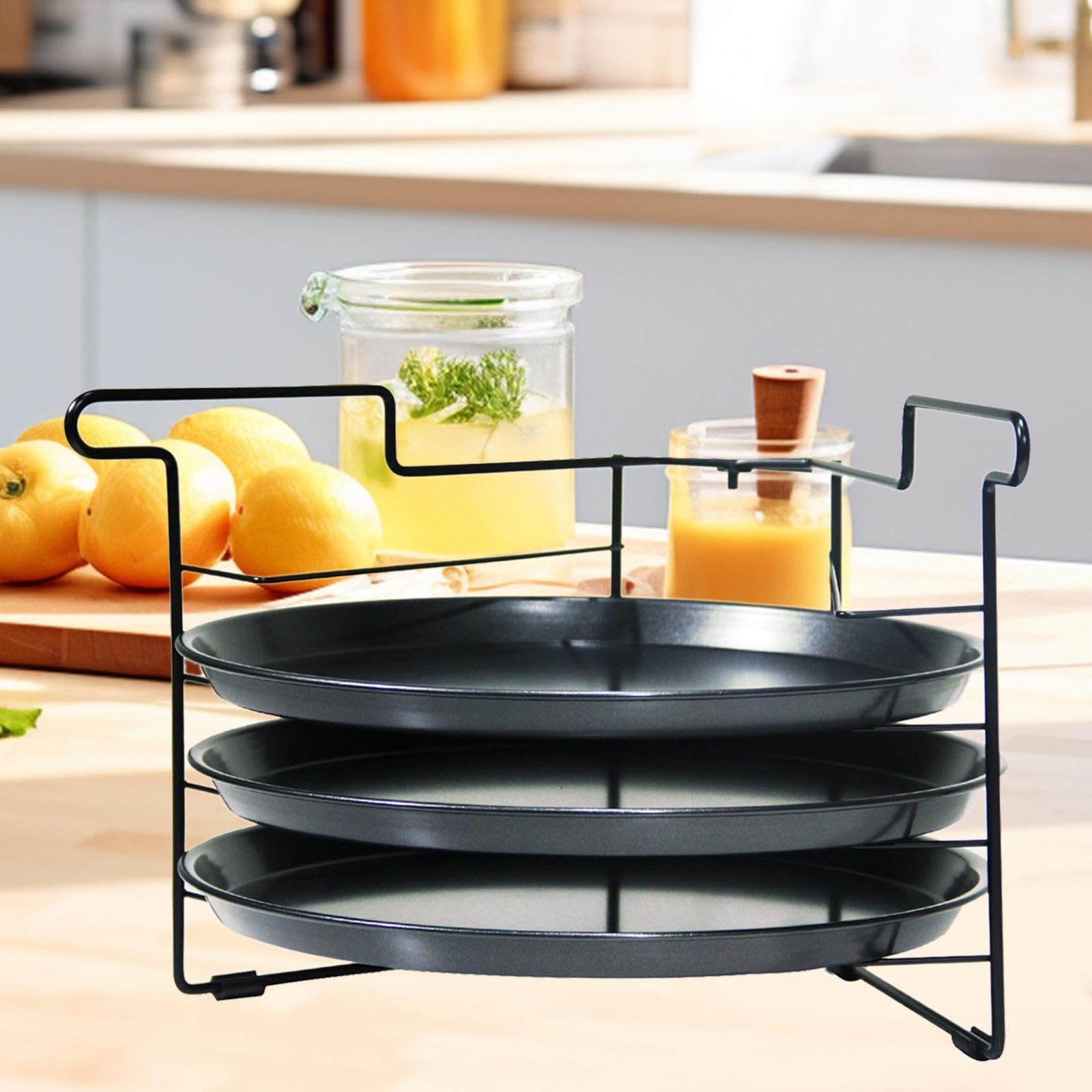 Pizza Rack Présentoir Multifonction pour Pizza avec Plateau de Cuisson Empilable Grille Perforée Stable en Fer Support pour Pains Tartes et Gâteaux Ad, with 3pcs 11 Po Pan