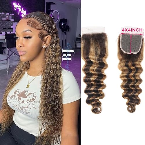 Miniatura 5 de Cierre de encaje 4x4, cabello humano ondulado profundo 4x4 cierre de encaje P427 de dos tonos con encaje frontal marrón mezcla rubio 150% densidad