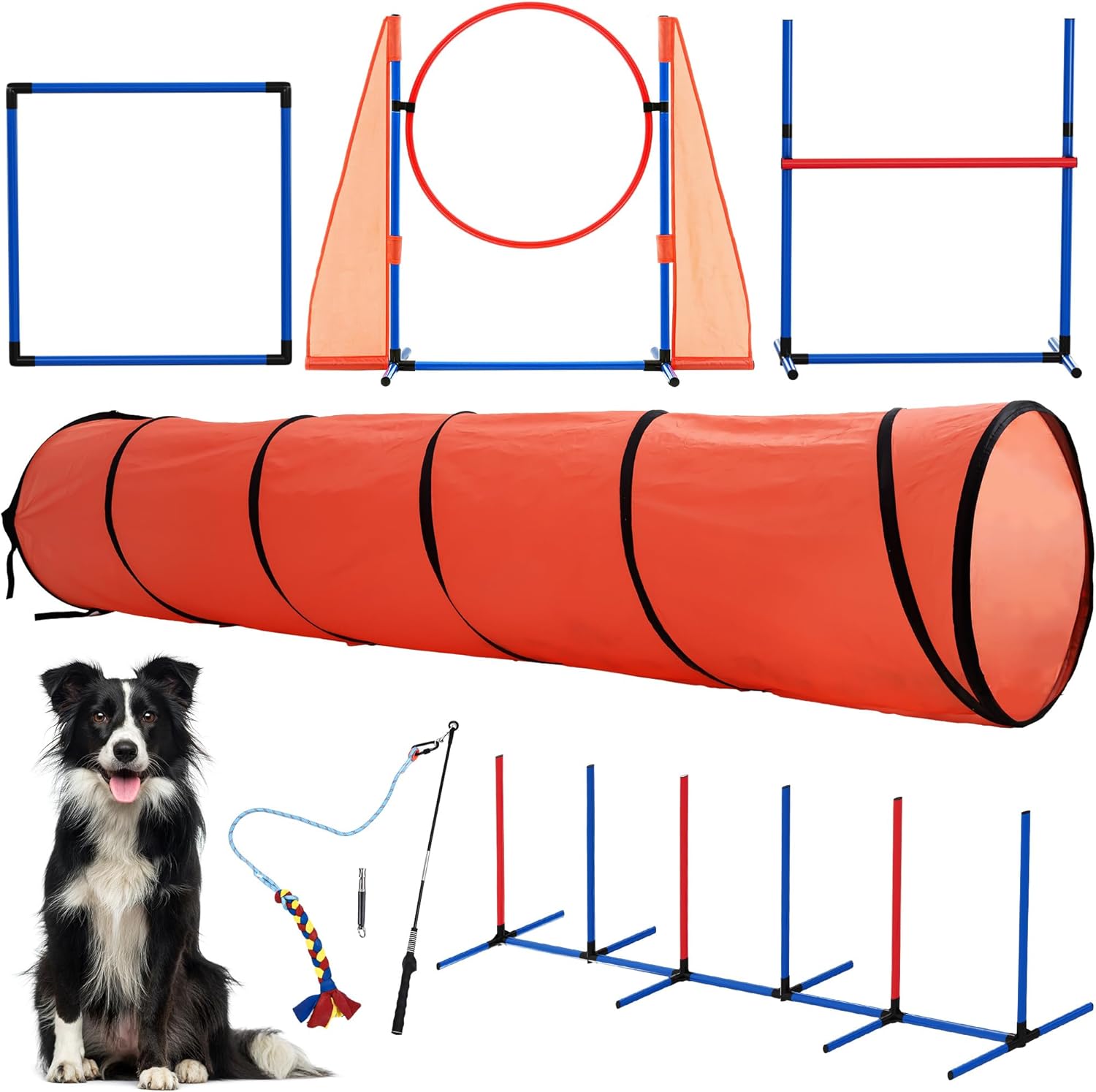 YITAHOME Dog Agility Equipments: Includes Flirt Pole, Agility Tunnel, 3 Jumps, 6 Weave Poles, Pause Box, Agility Course Set for Backyard, Indoor, Outdoor