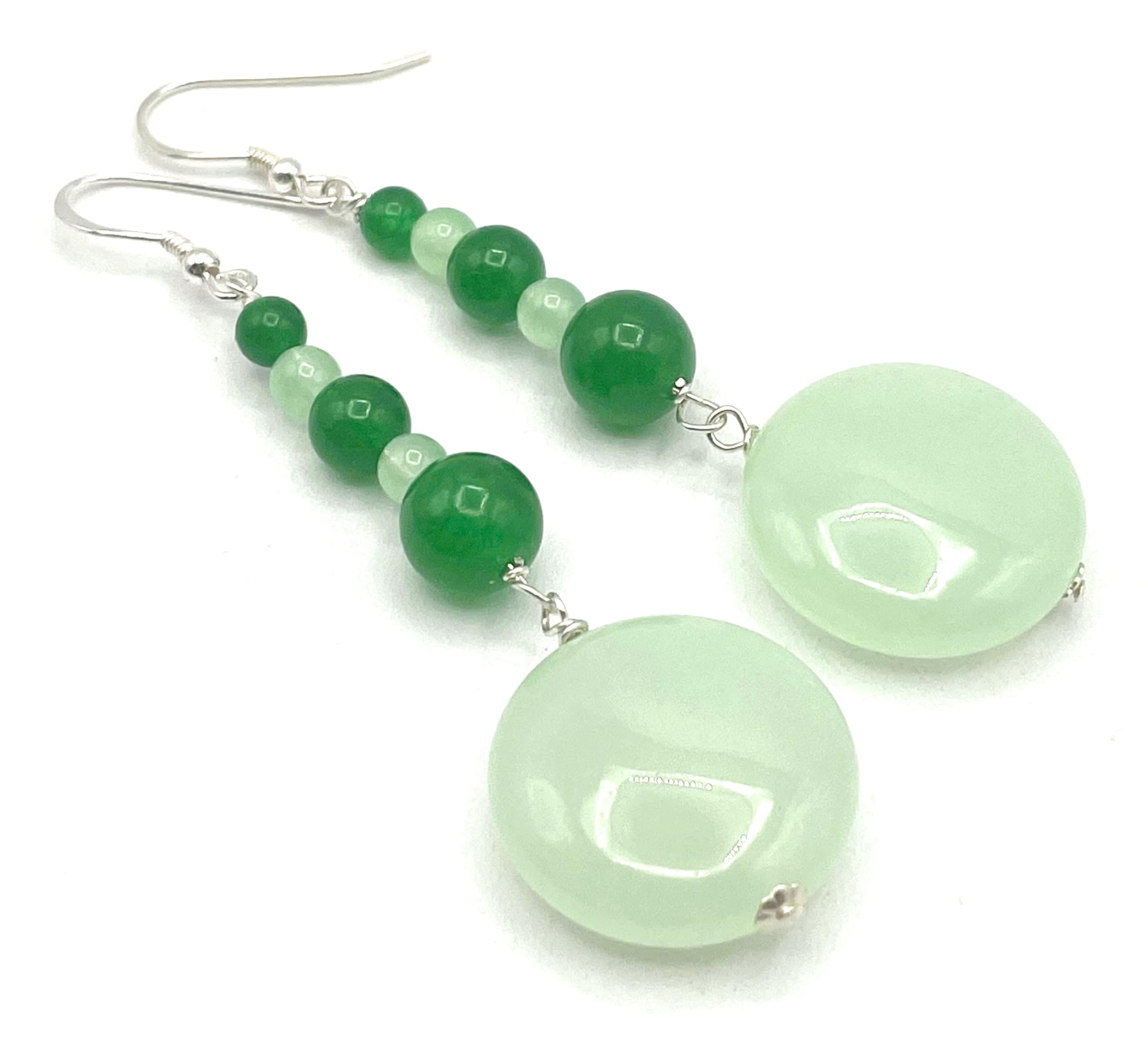 Orecchini Lunghi in Giada Verde Chiaro e Smeraldo, Argento 925 Italiano, Gioielli Pietre Dure, Bijoux Estate, Regalo per Lei